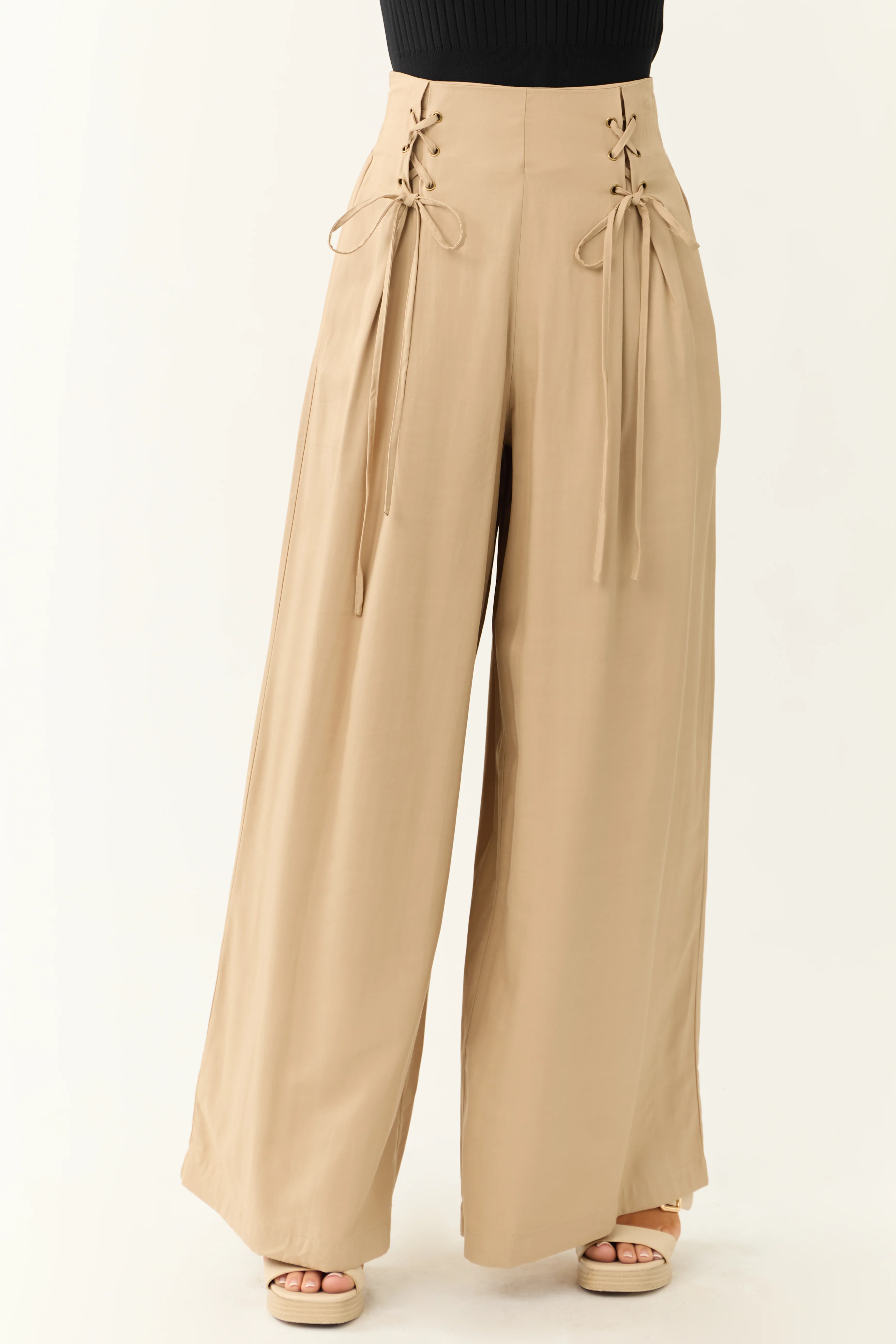 Beige Pleated Front Lace Up Wide Leg Palazzo Pants - LD SALE