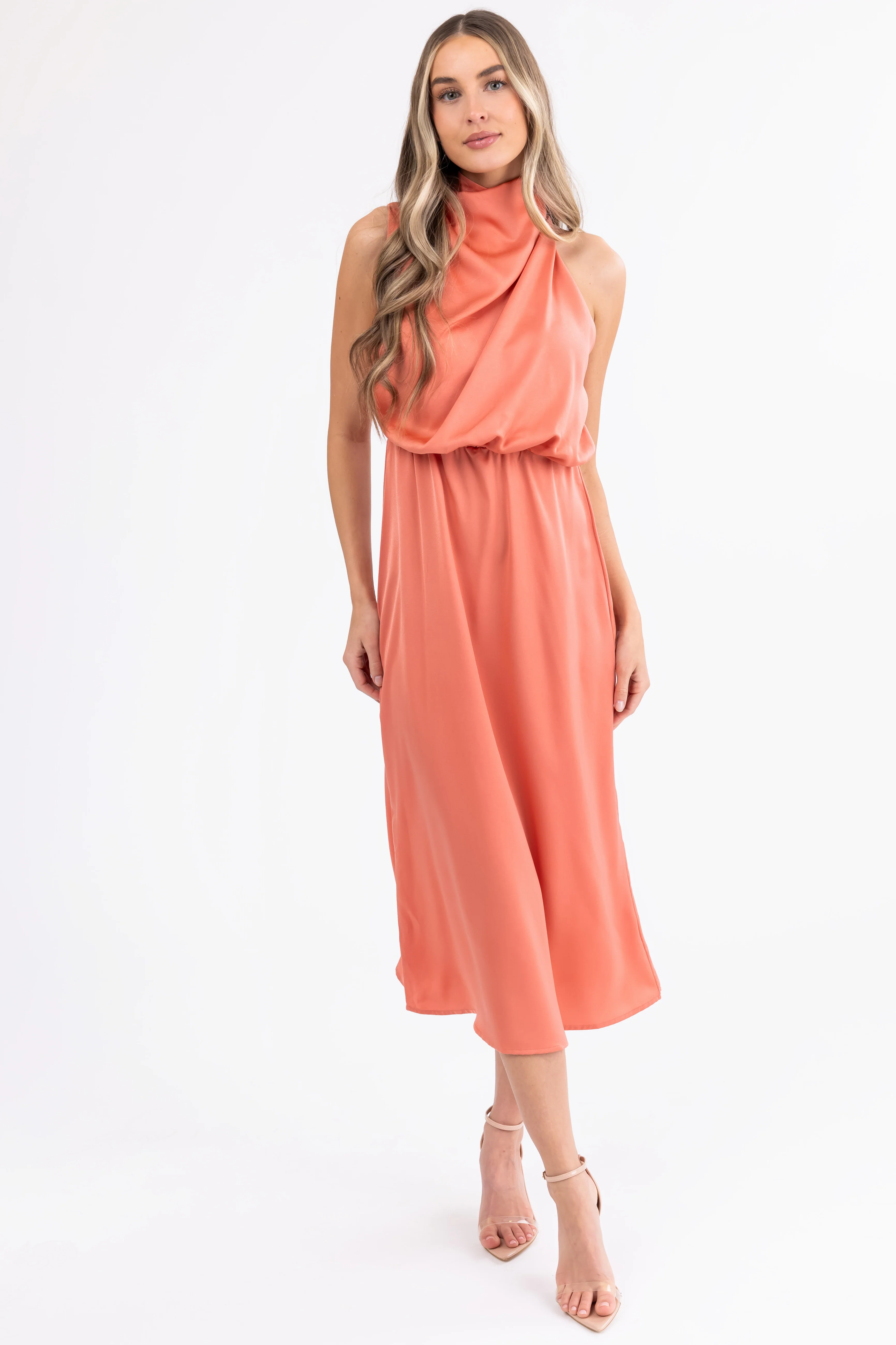 Coral Satin Halter Sleeveless Midi Dress - LD SALE