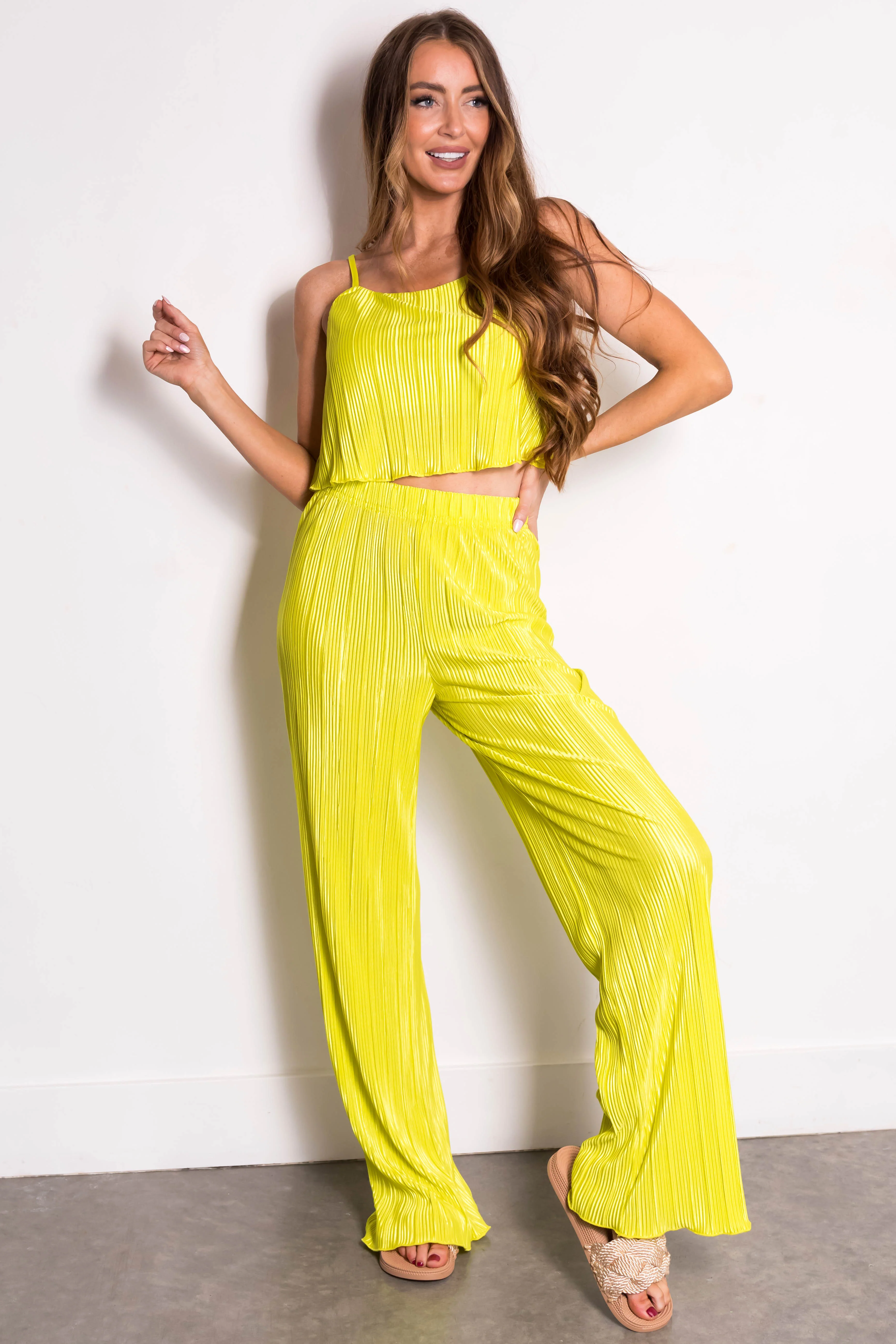 Lime Plisse Sleeveless Top and Pants Set - LD SALE