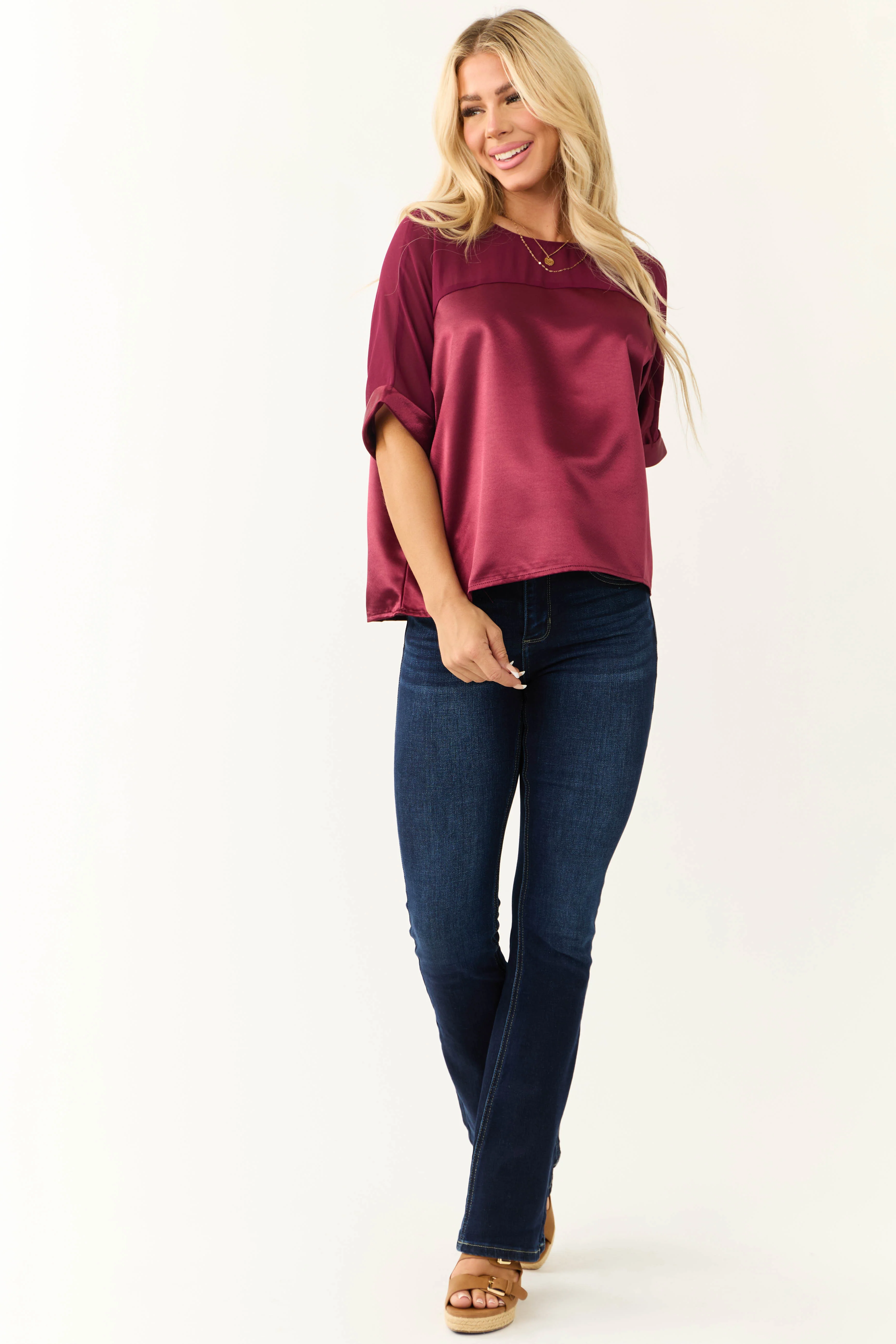 Wine Contrast Yoke Cuffed Sleeve Satin Blouse - LD SALE