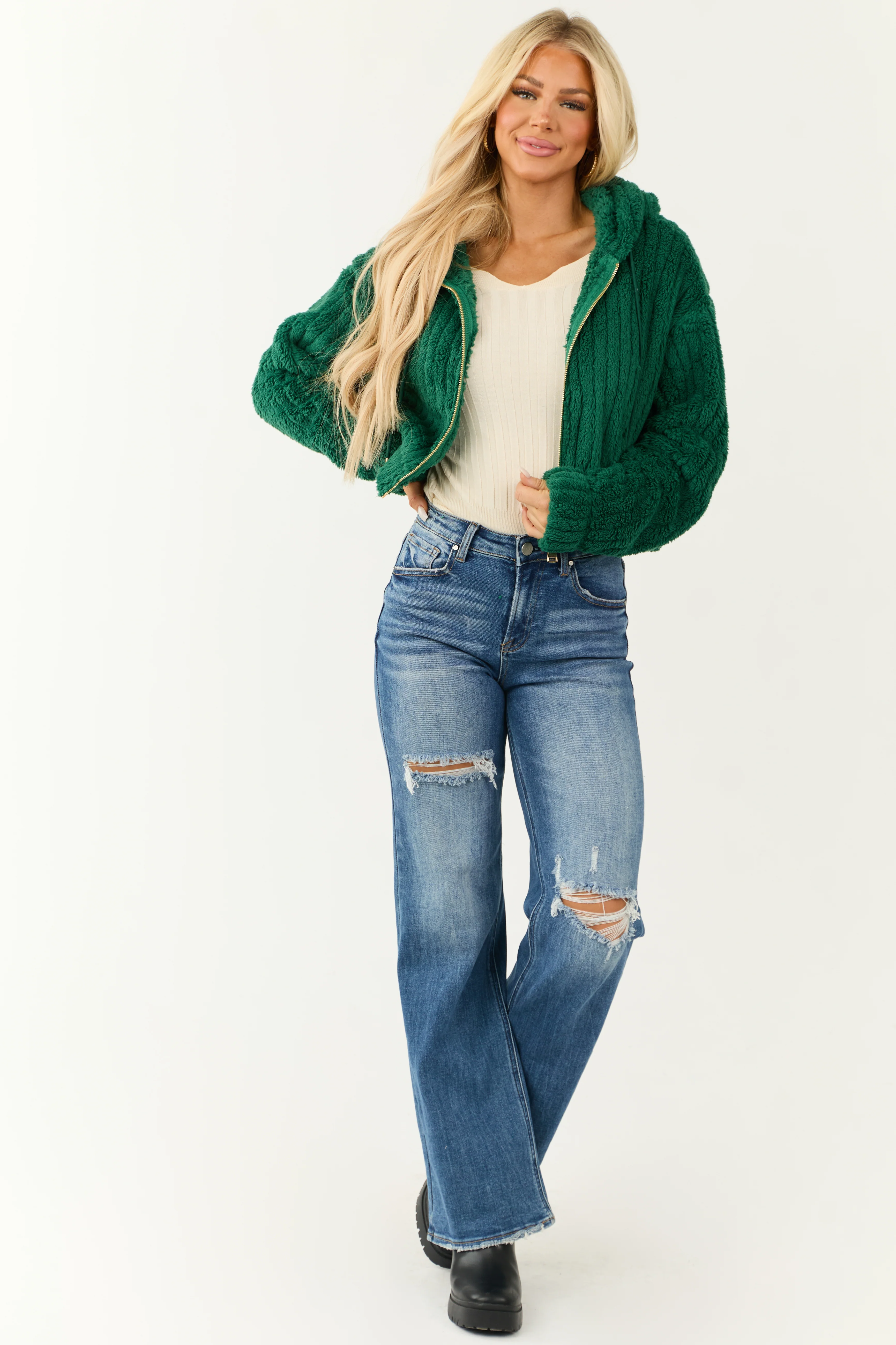 Hunter Green Hooded Ribbed Faux Fur Jacket - LD SALE