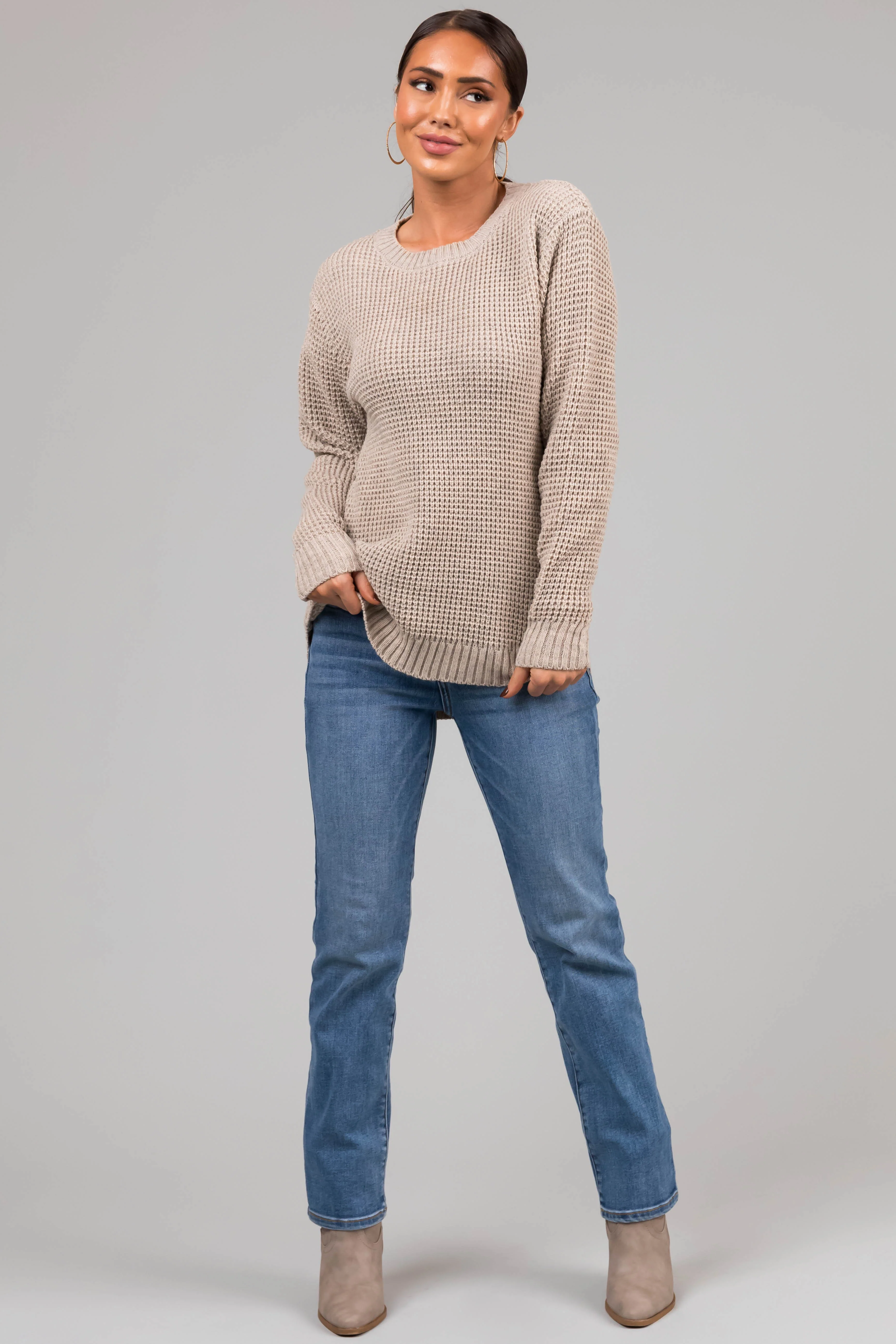 Oatmeal Thick Waffle Knit Curved Hem Sweater - LD SALE