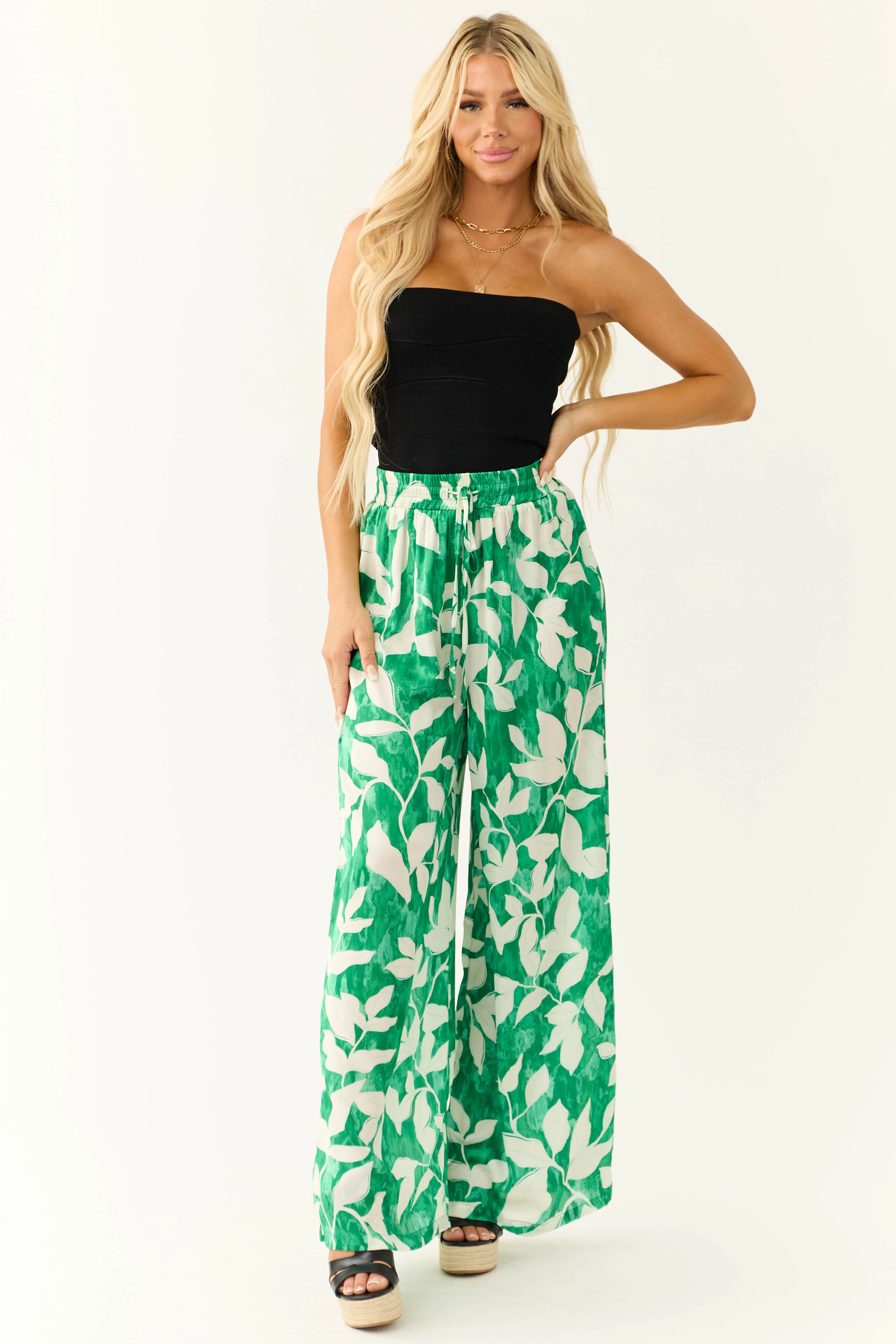 Flying Tomato Jade Leaf Print Satin Pants - LD SALE