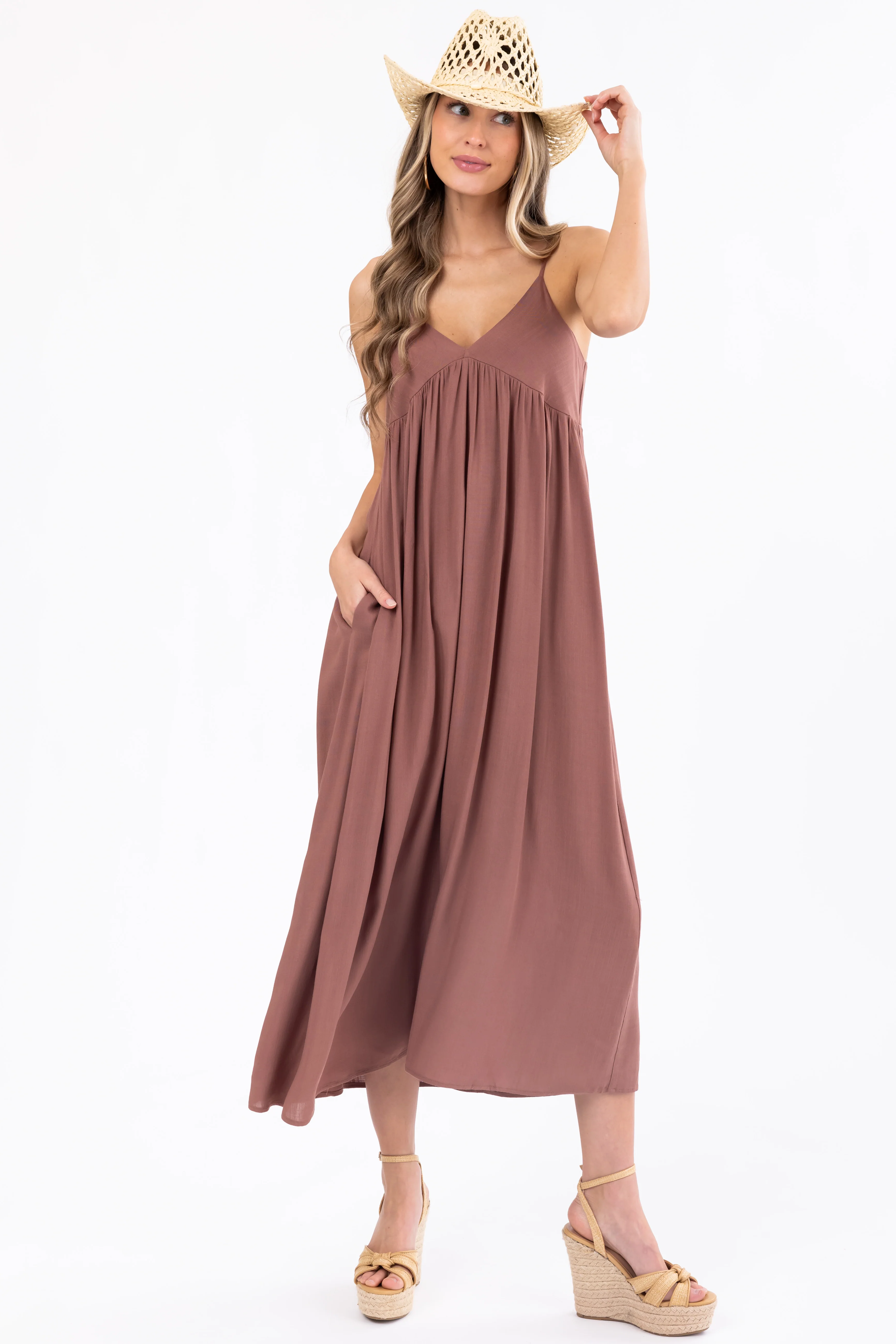 Mocha Woven Strapless Flowy Midi Dress - LD SALE