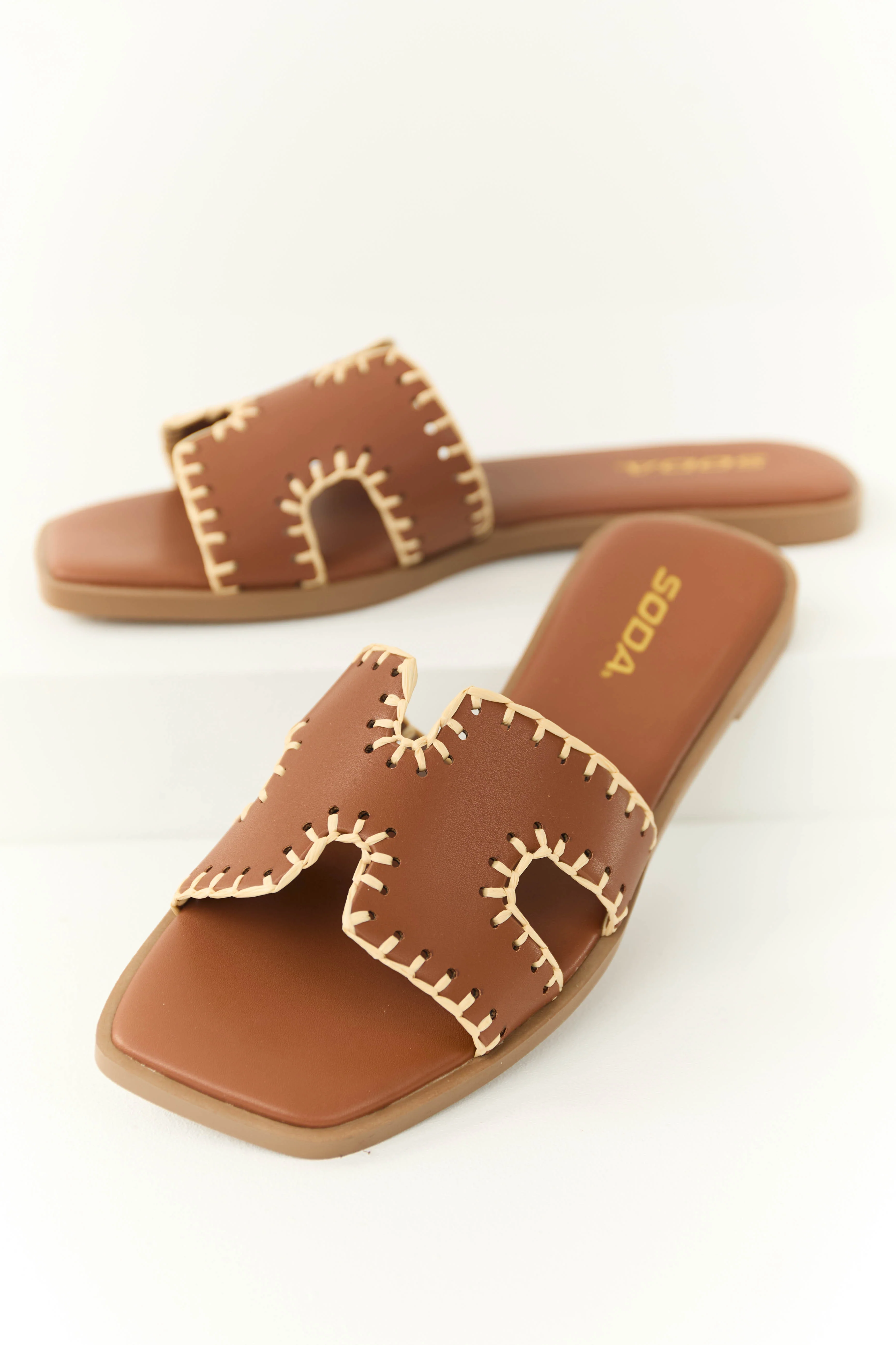 Sepia Straw Trim Cut Out Strap Slide Sandals - LD SALE