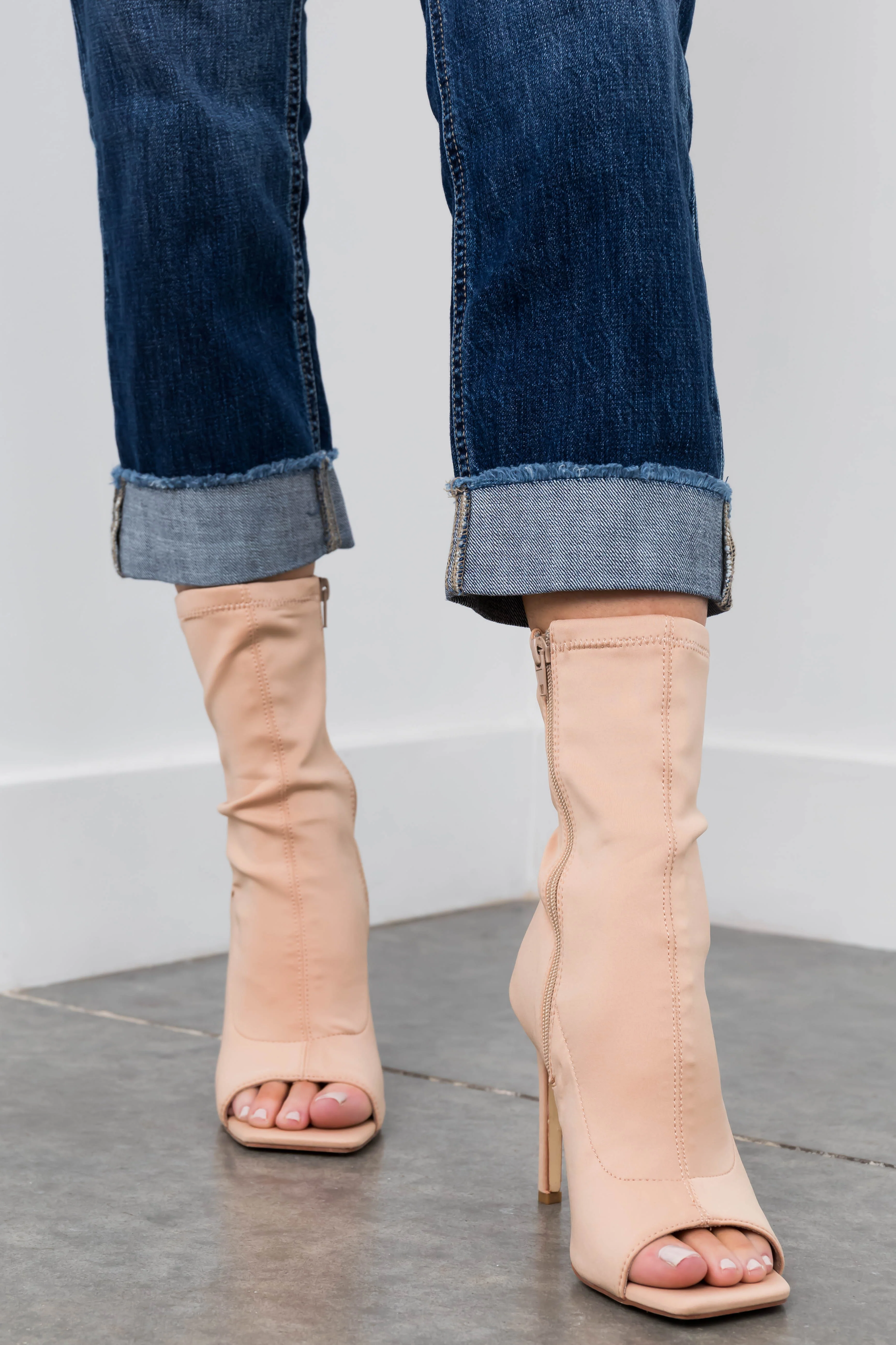 Nude Open Toe Stretchy Knit Stiletto Booties - LD SALE