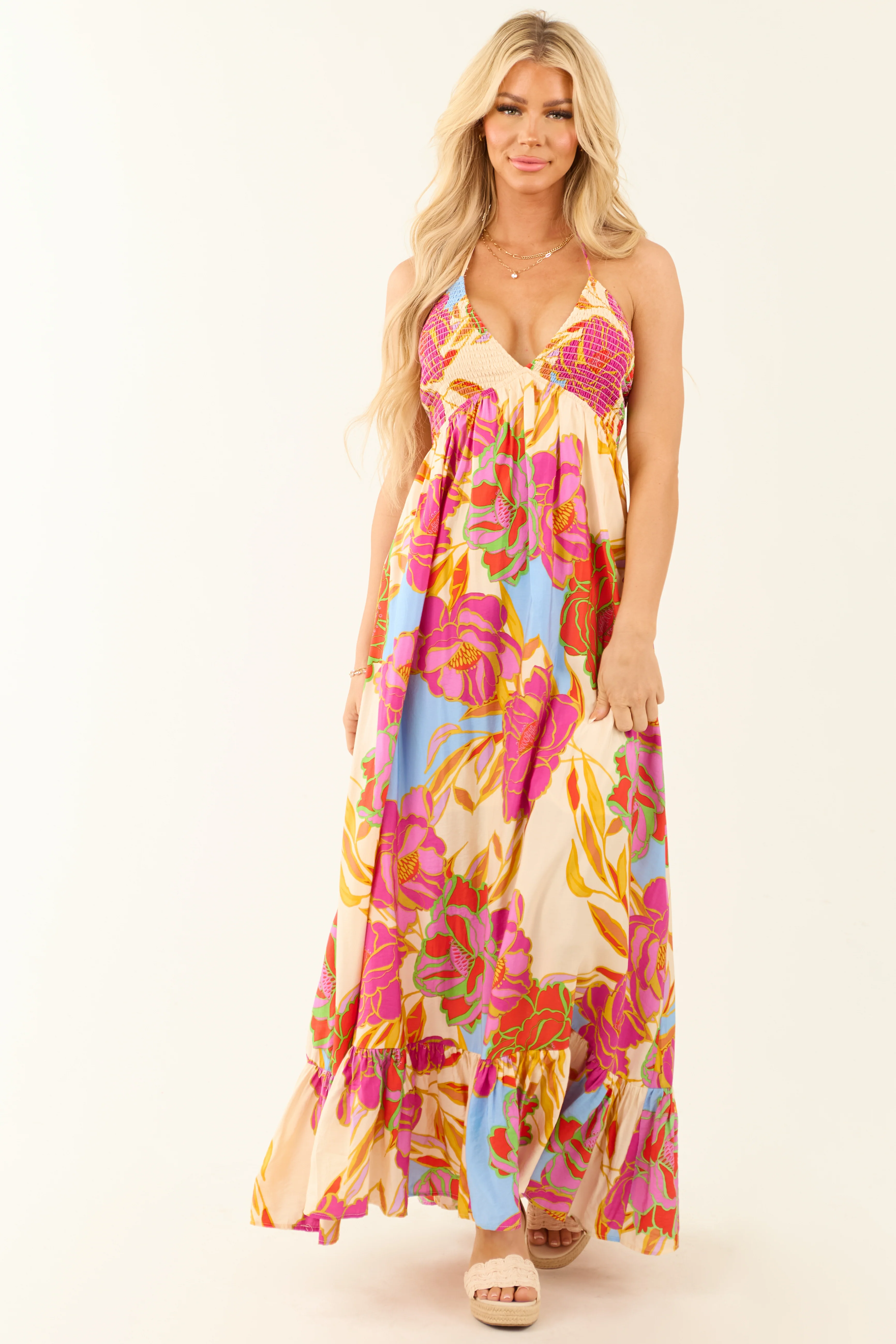 Magenta Floral Smocked Bust Tie Back Maxi Dress - LD SALE