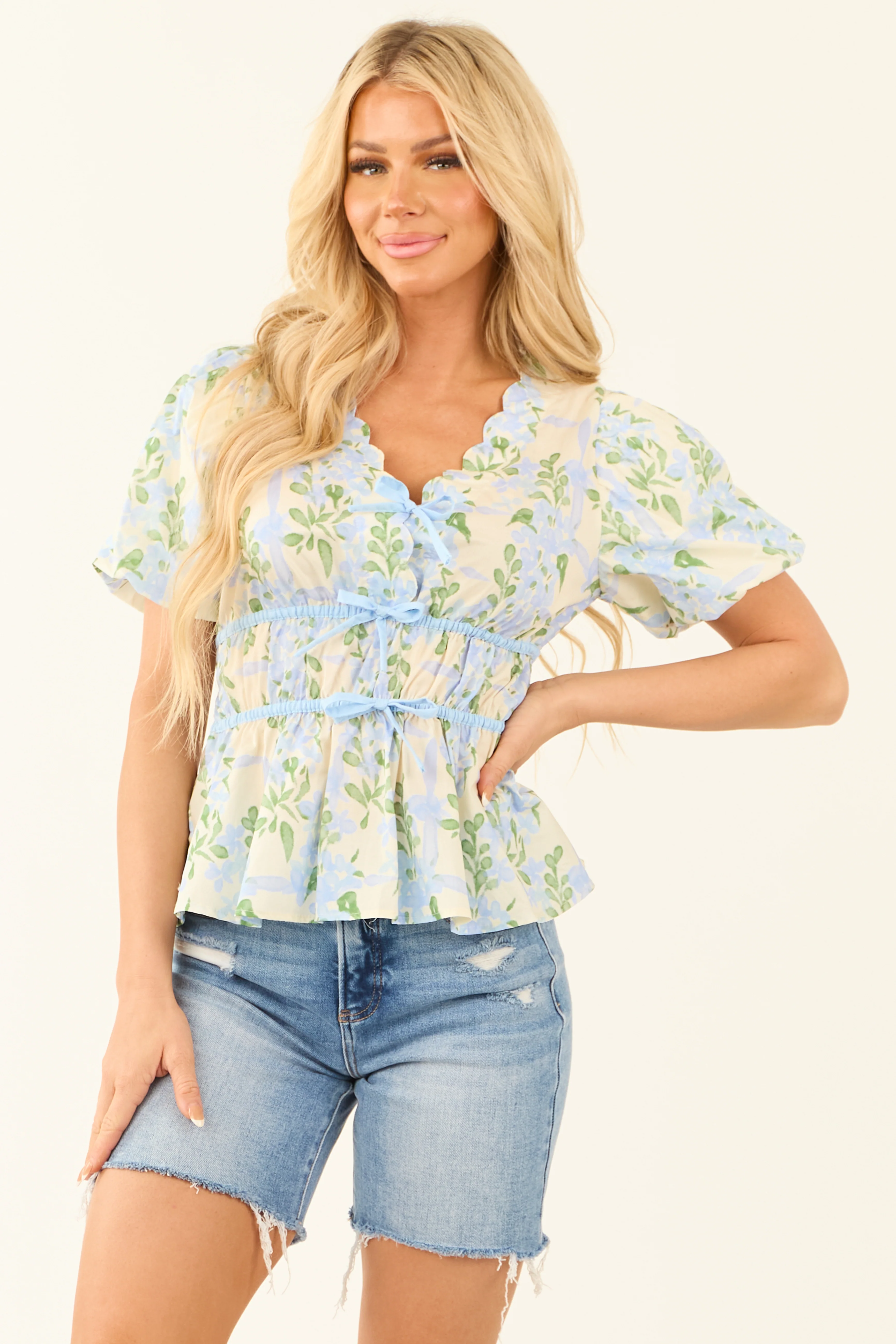 Light Cornflower Short Puff Sleeve Front Tie Blouse - LD SALE