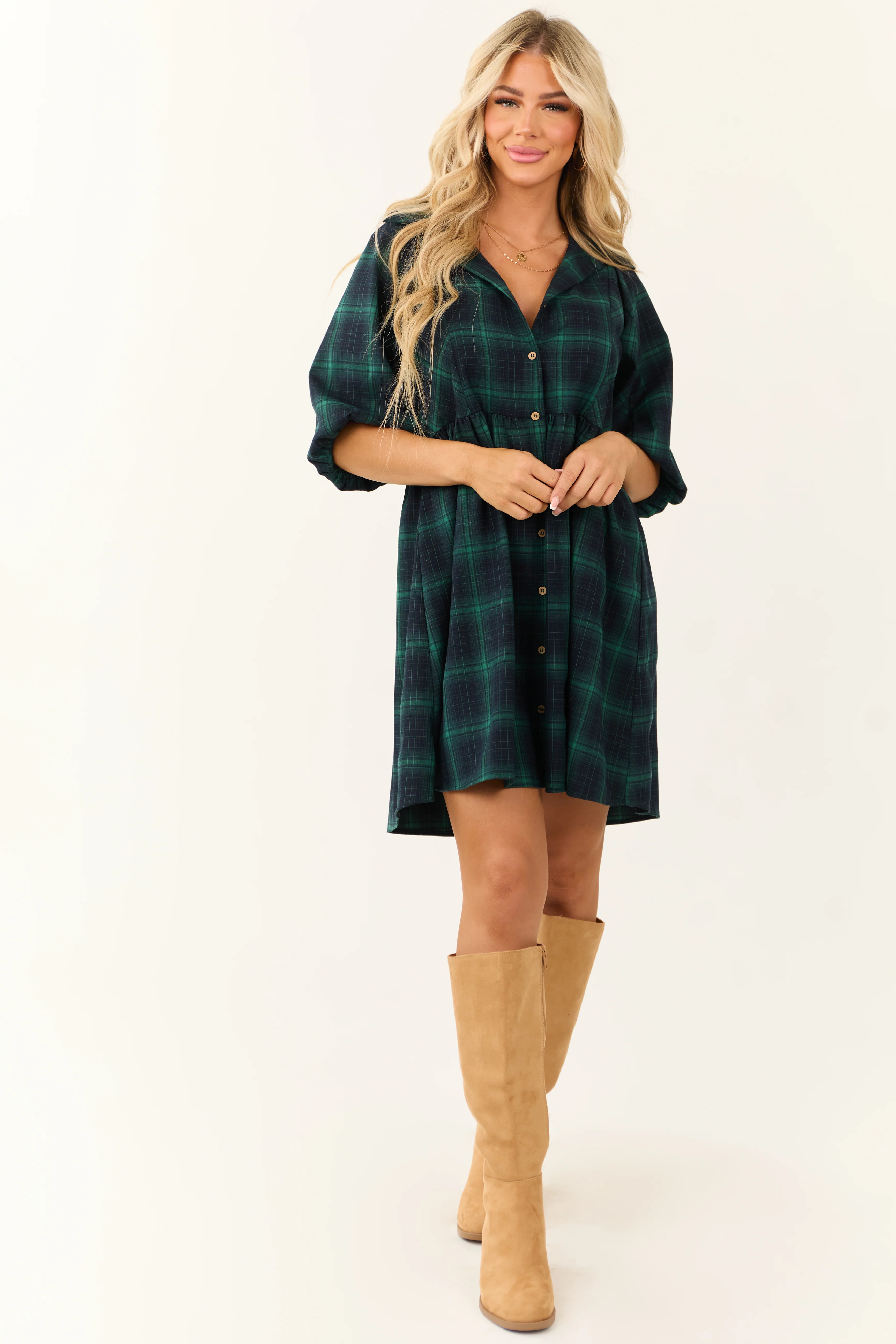 Kelly Green Plaid Button Down Short Dress - LD SALE