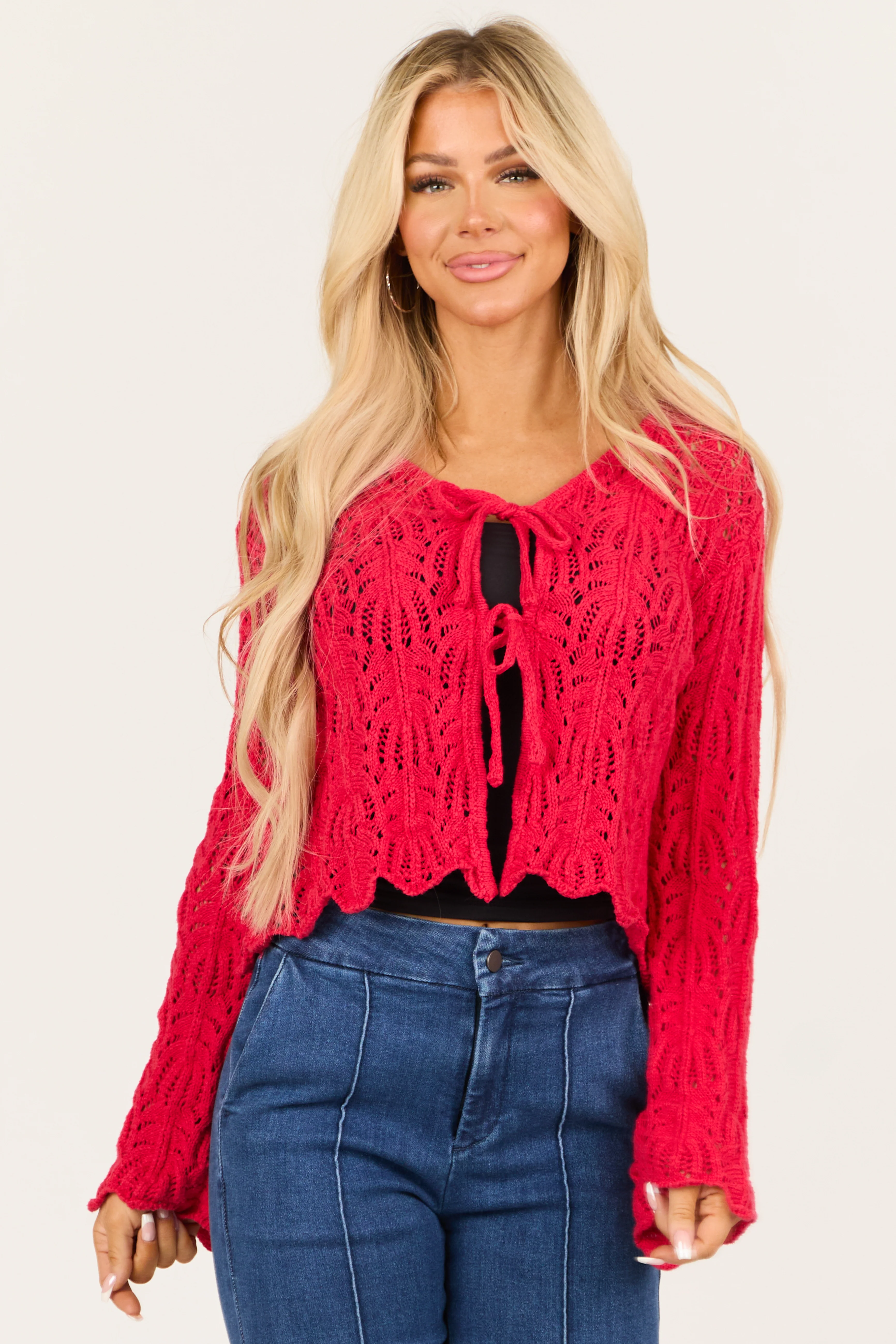 Crimson Front Tie Flare Long Sleeve Cardigan - LD SALE