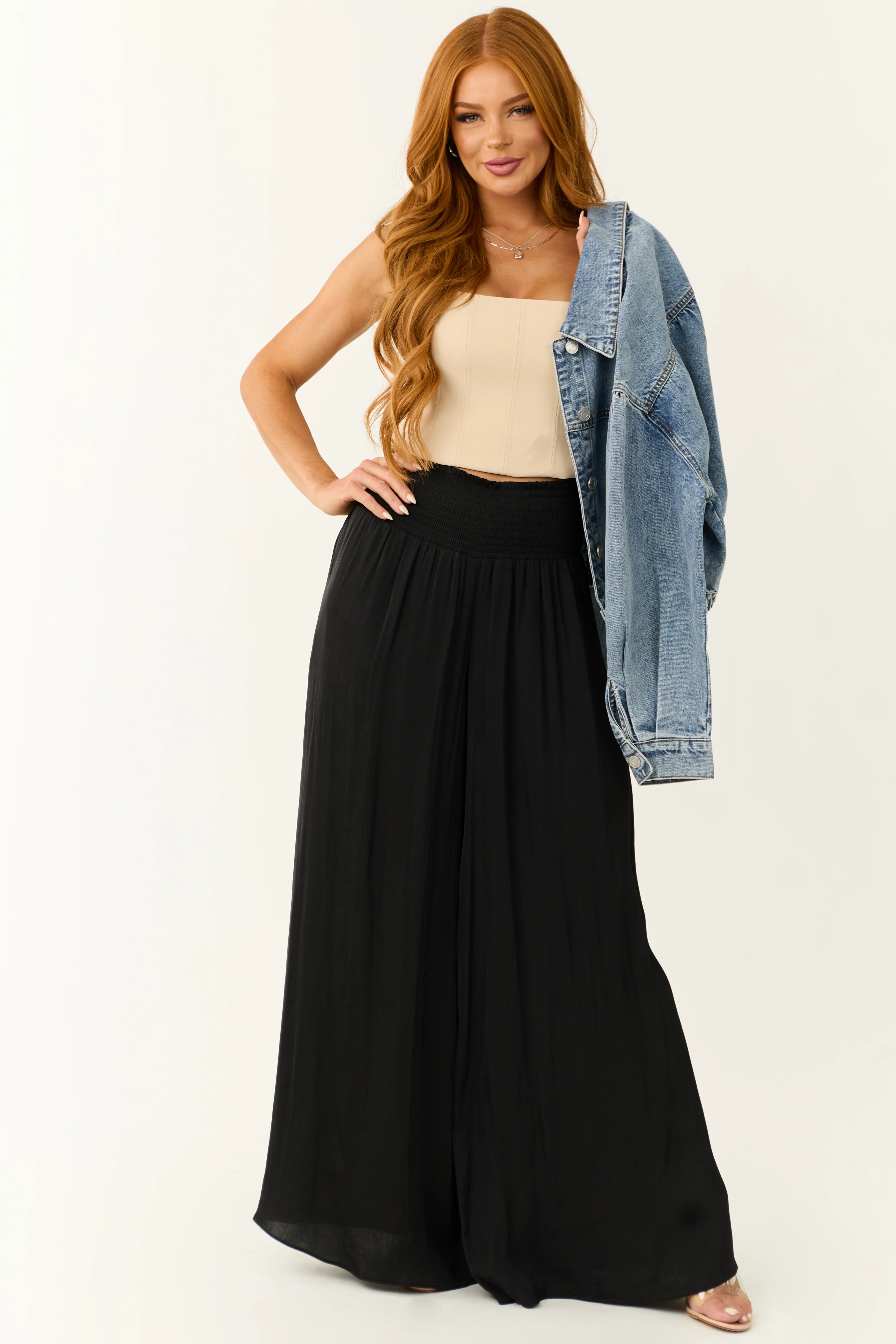 Black Wide Leg Smocked High Rise Pants - LD SALE