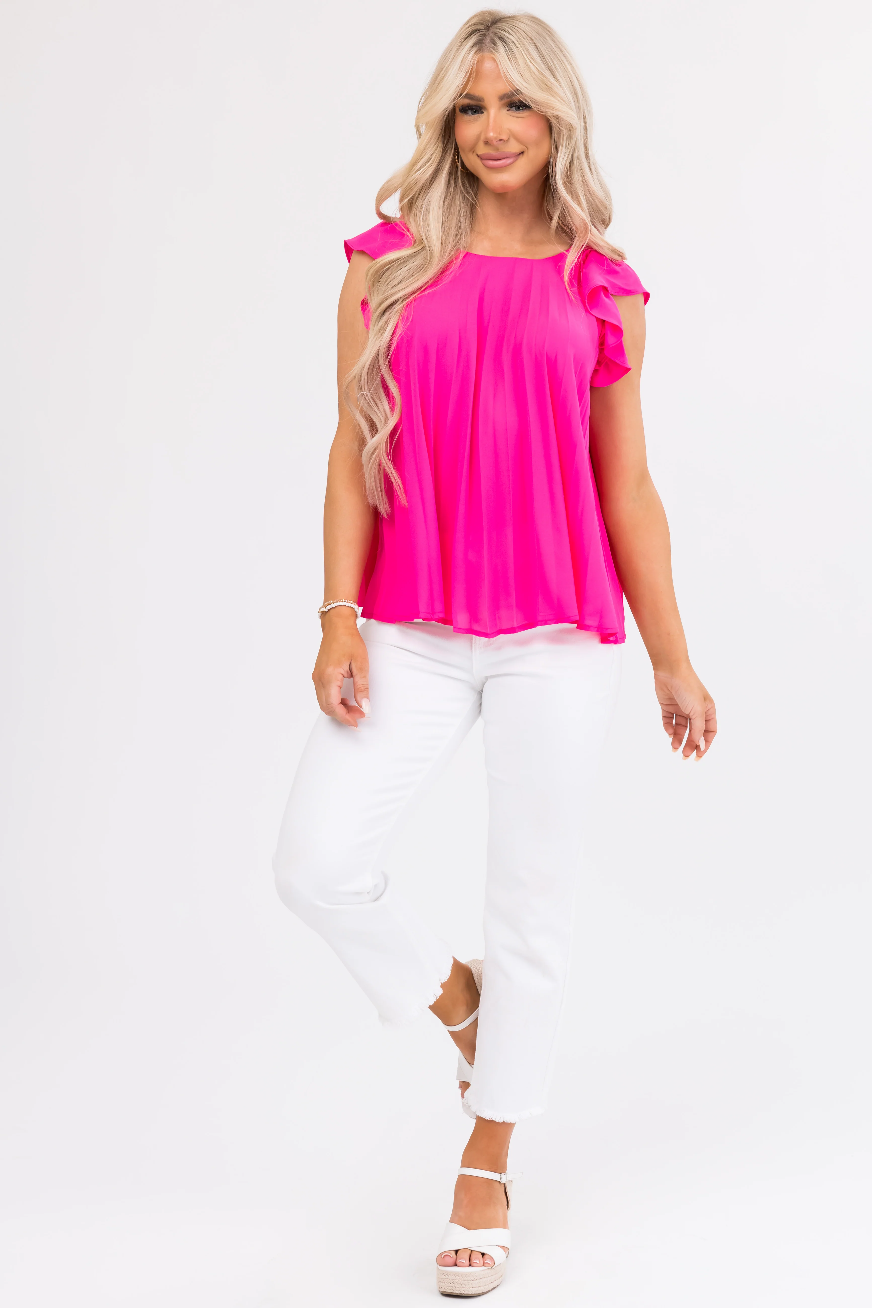 Hot Pink Pleated Ruffle Short Sleeve Woven Top - LD SALE