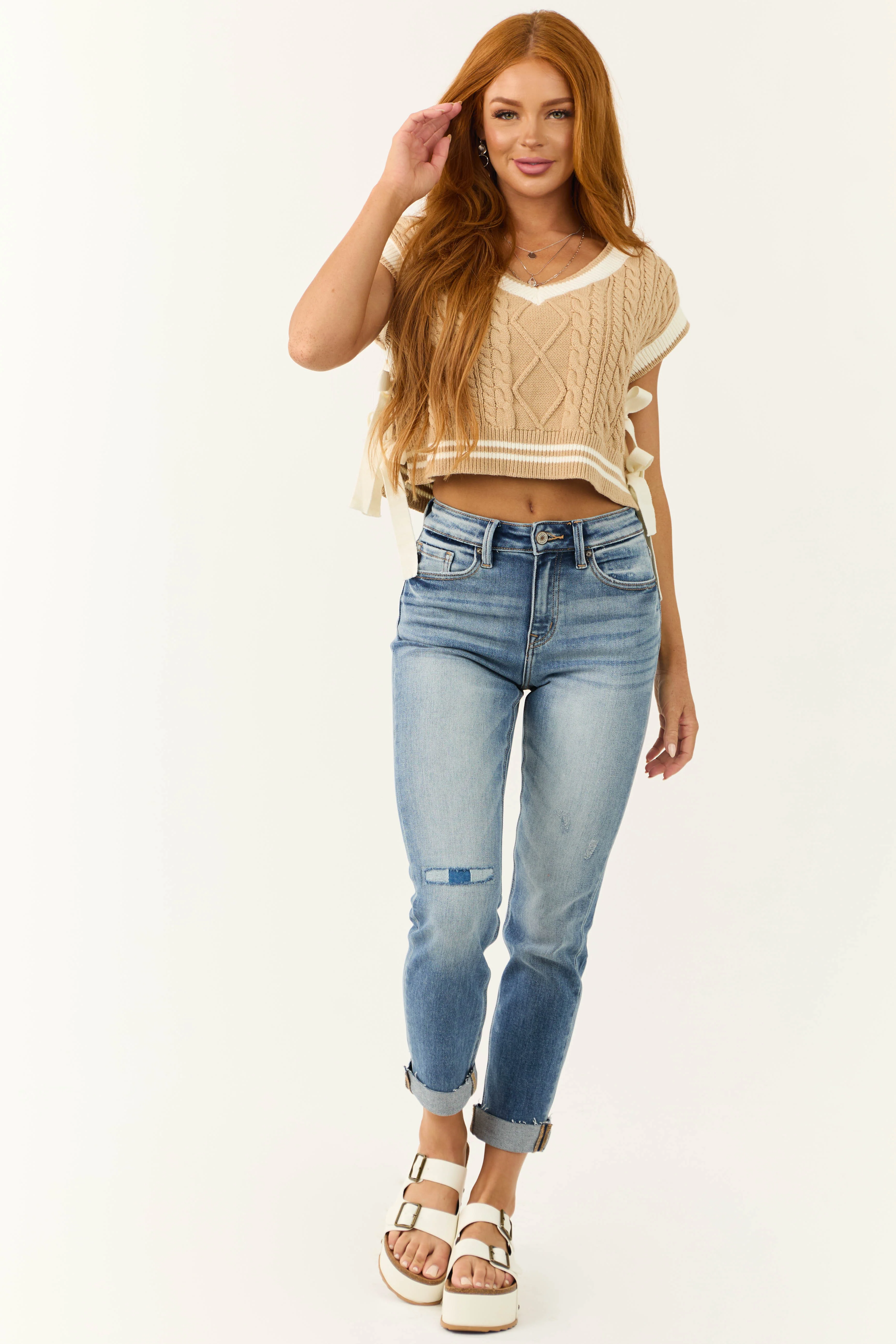 Peanut and Cream V Neck Side Tie Sweater Vest - LD SALE