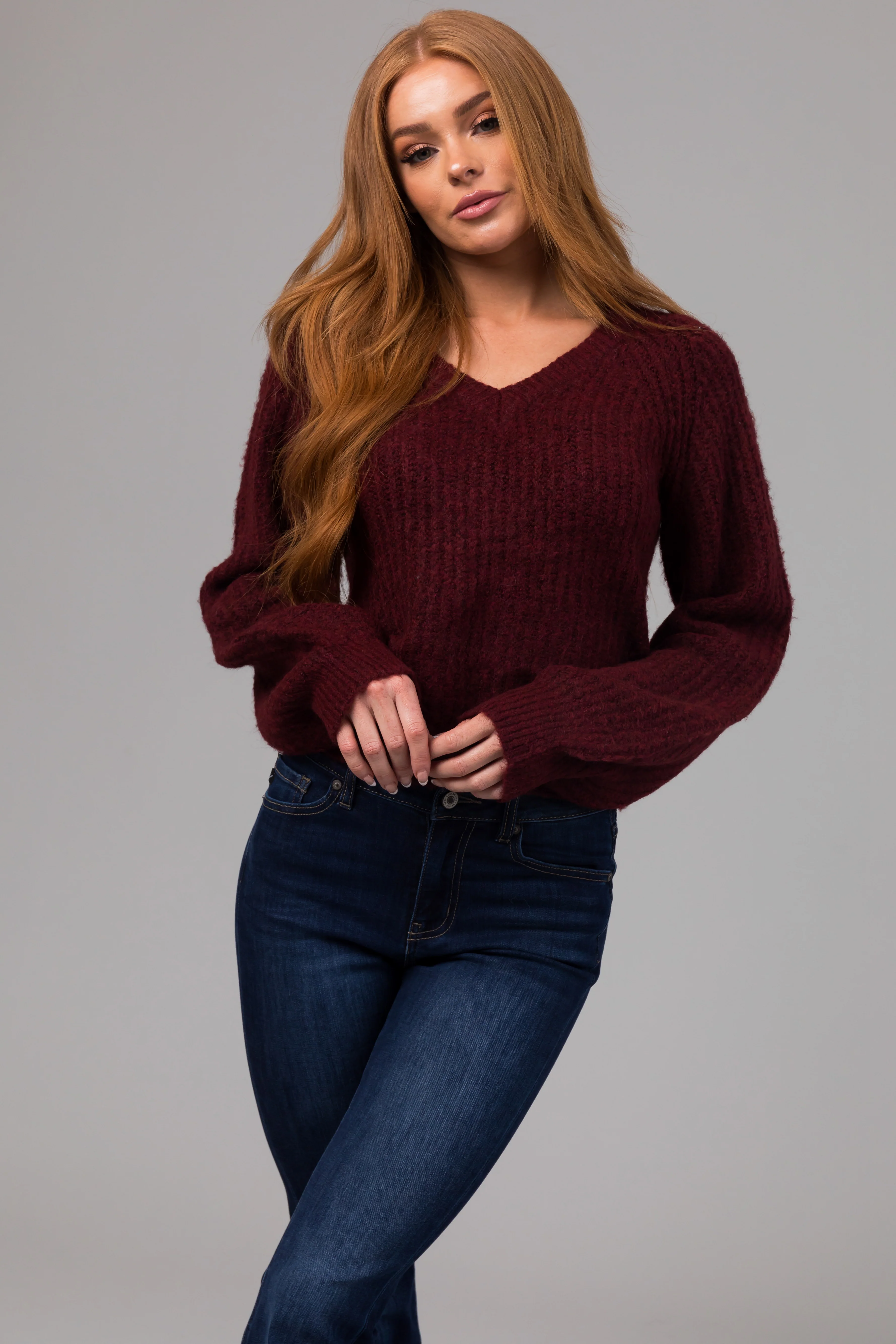 Heathered Maroon V Neck Bubble Sleeve Sweater - LD SALE