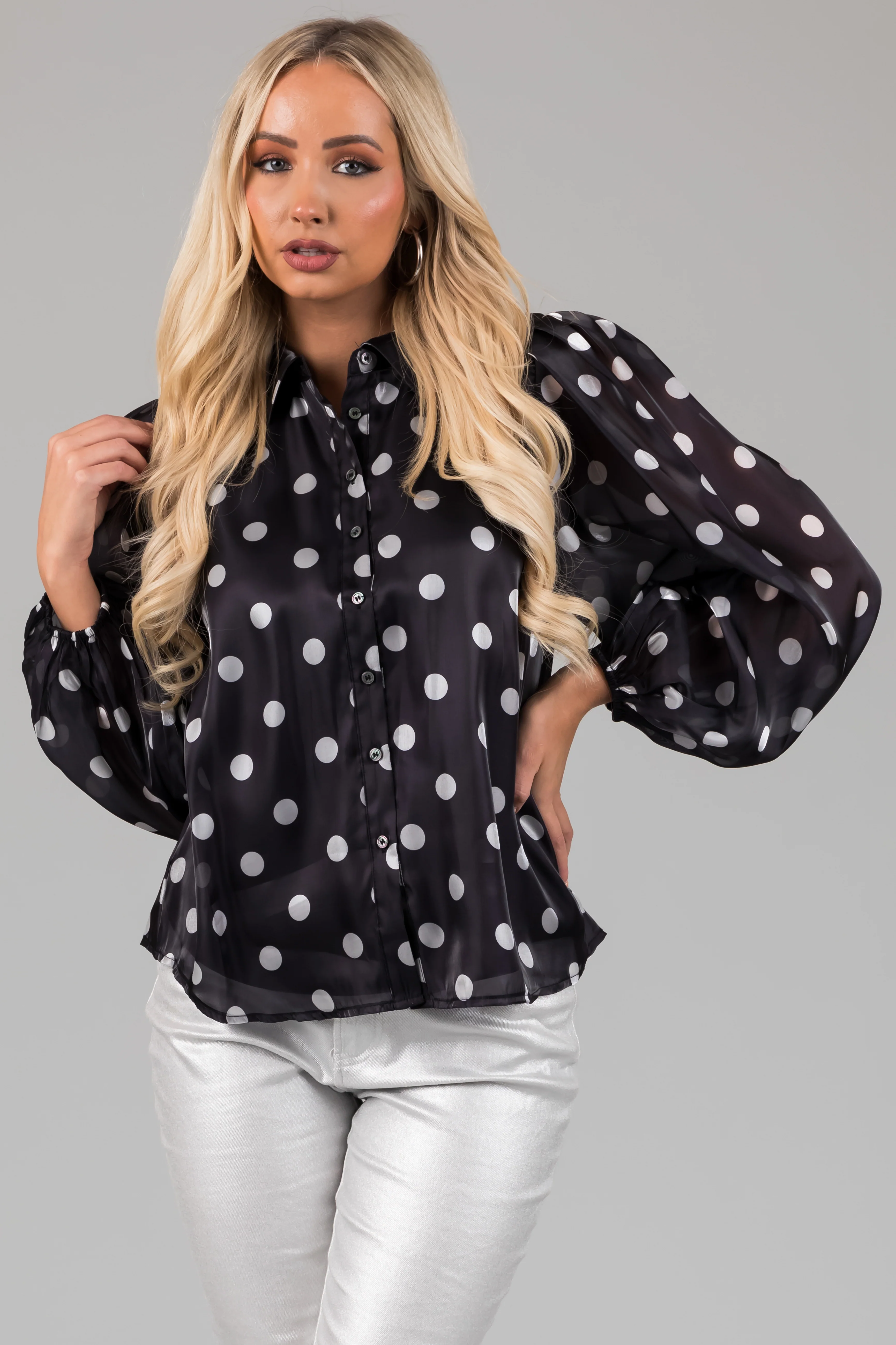 Black Polka Dot Bubble Sleeve Button Up Blouse - LD SALE