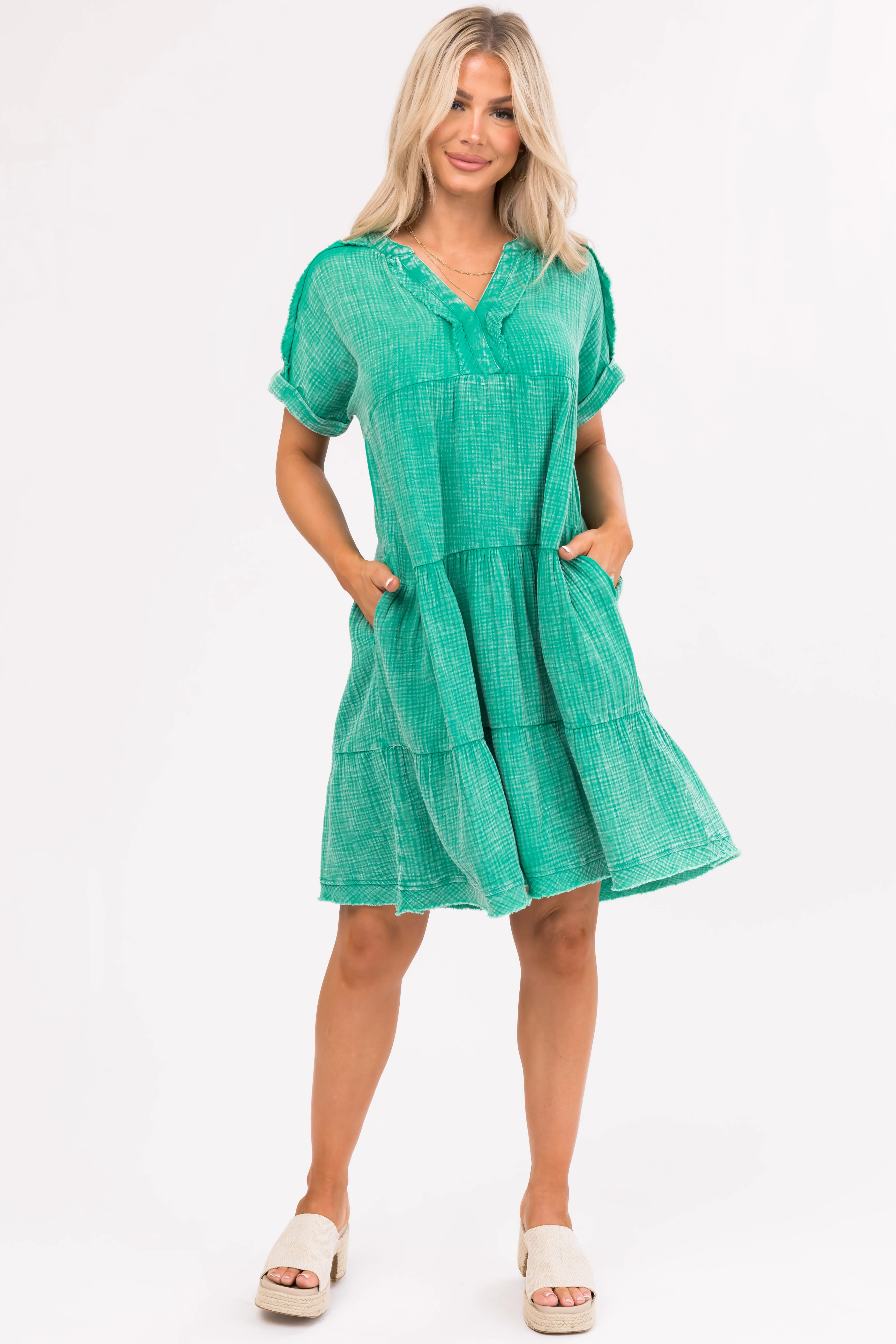 Kelly Green Washed Tiered V Neck Mini Dress - LD SALE