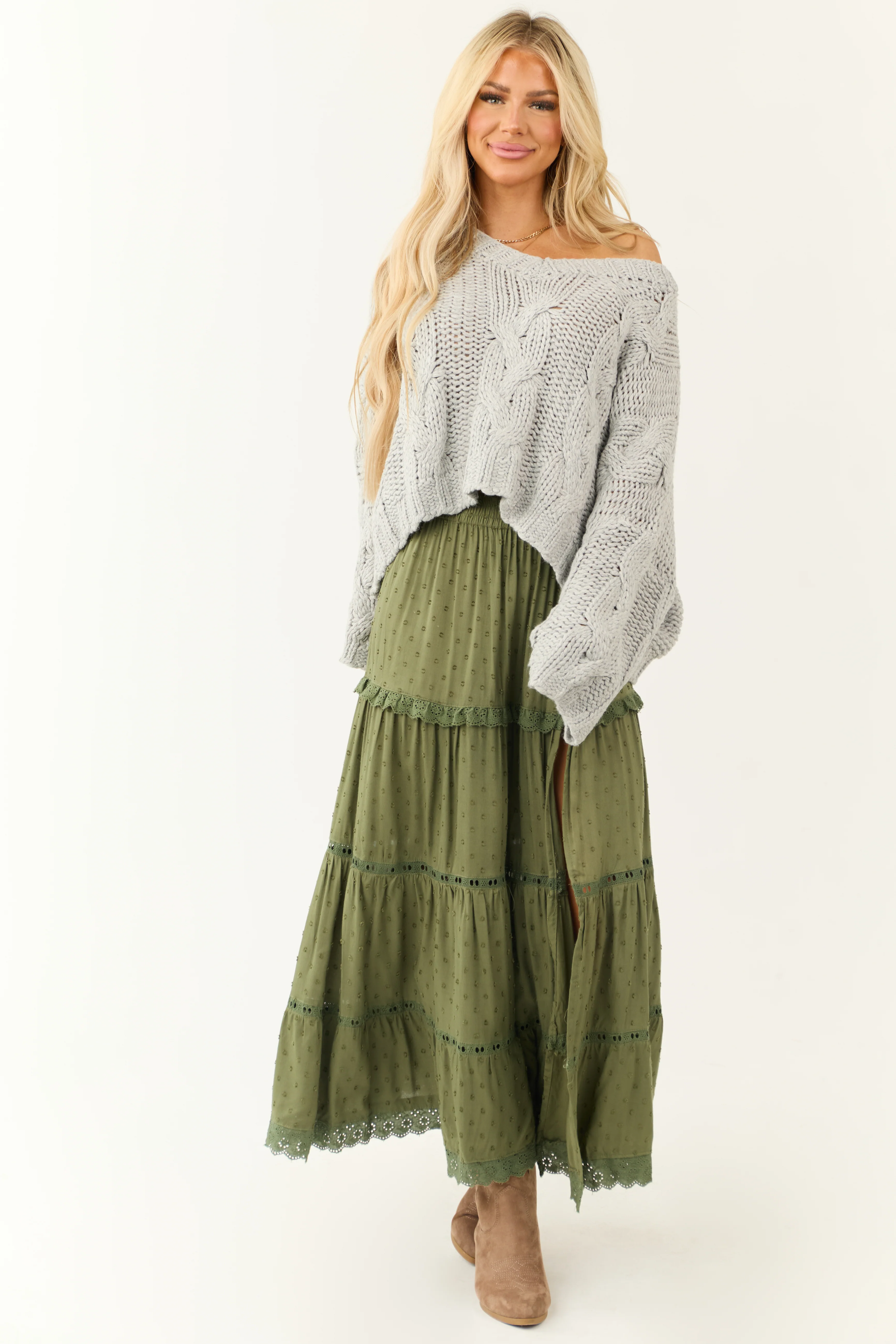 Olive Swiss Dot Front Slit Tiered Maxi Skirt - LD SALE