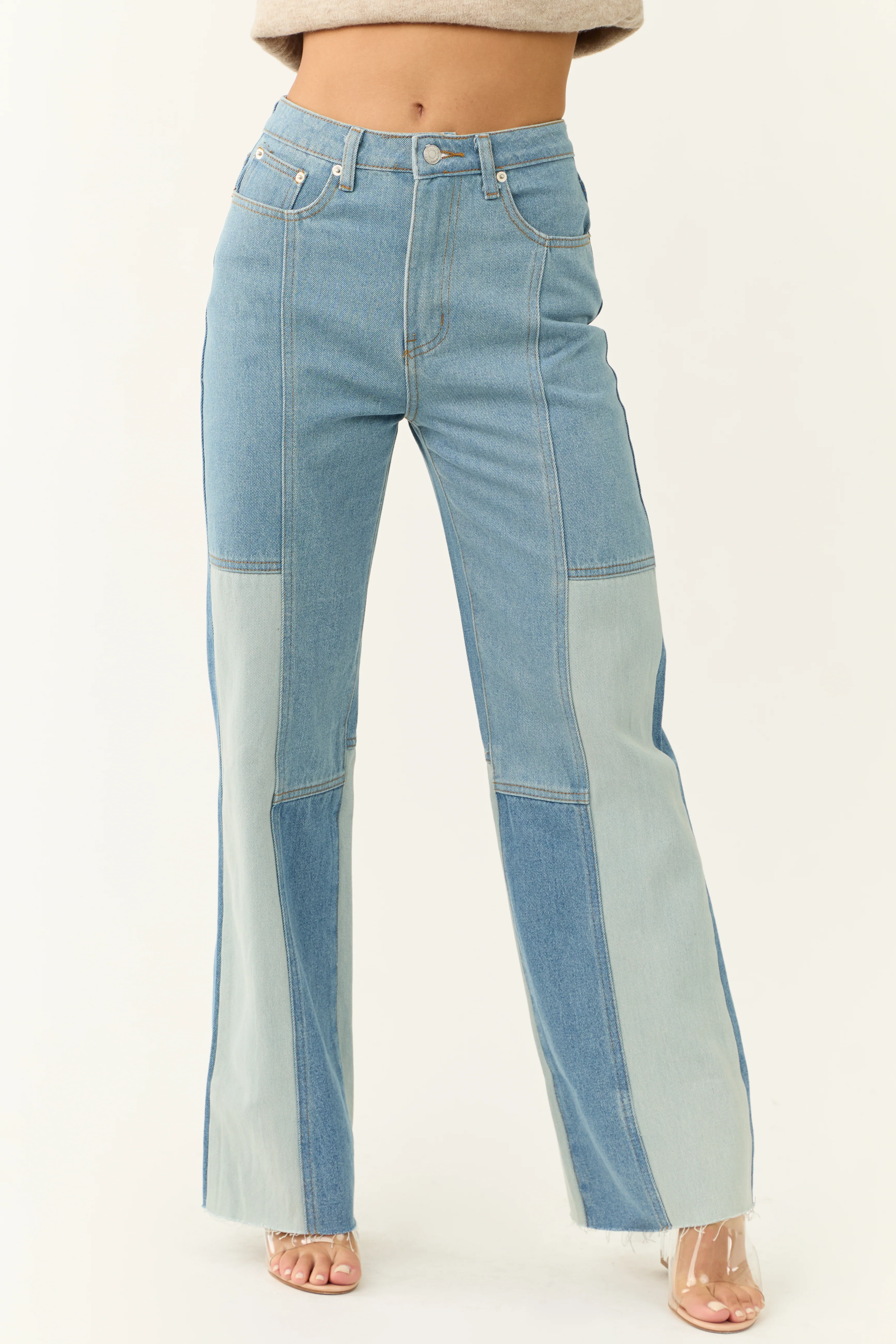 Medium Wash Colorblock Wide Leg Jeans - LD SALE