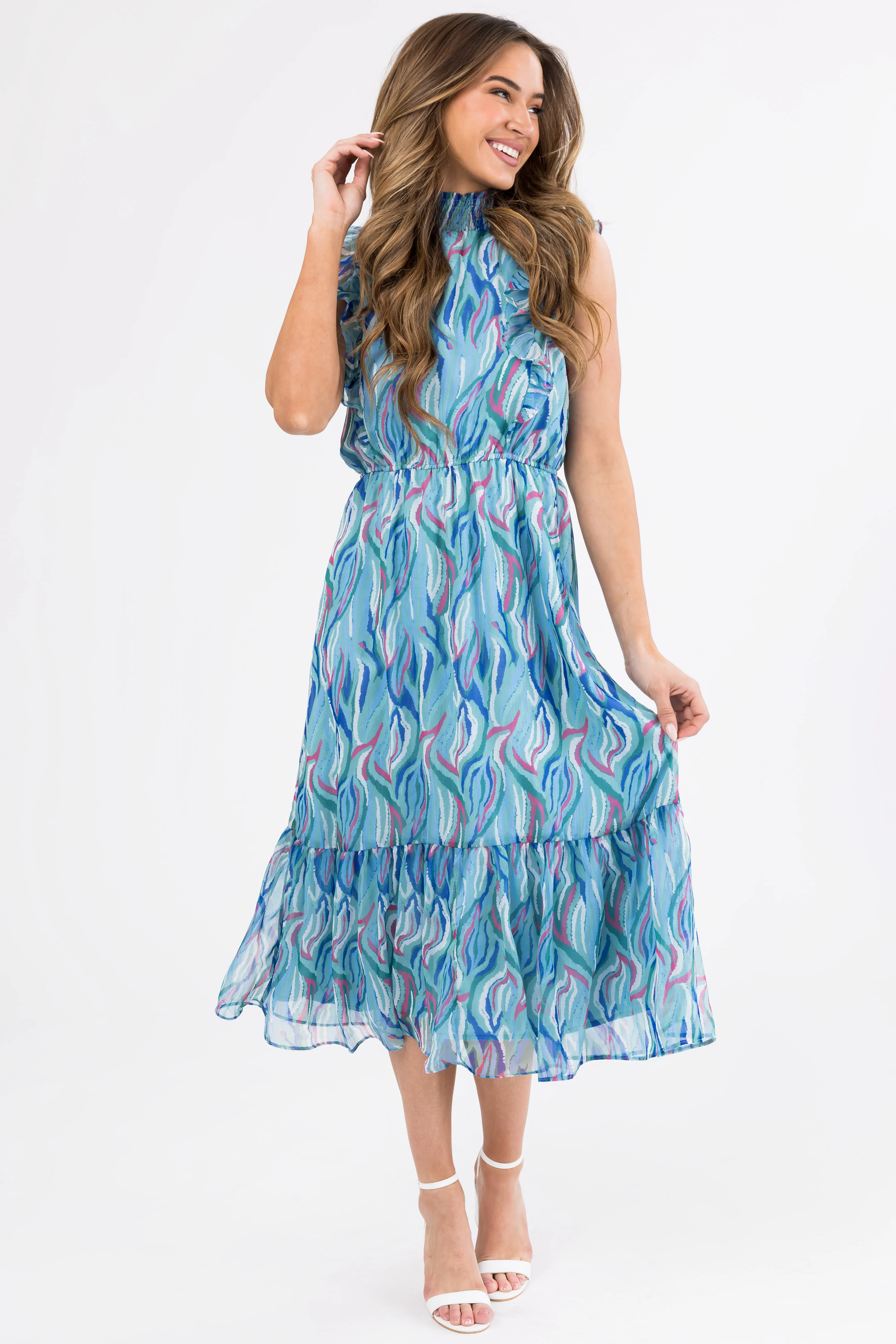 Seafoam Abstract Print Ruffled Midi Dress - LD SALE