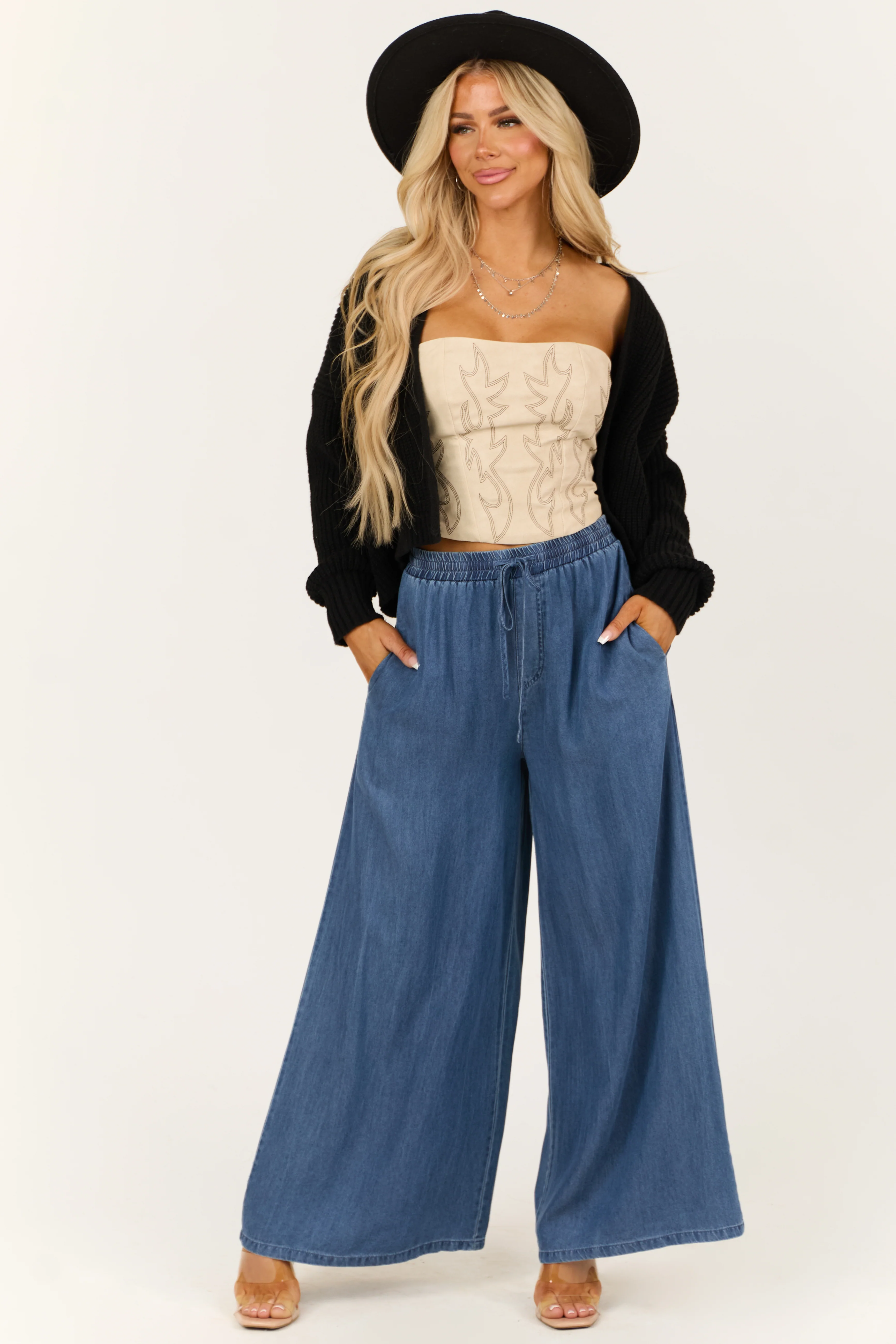 Dark Wash Tencel Denim High Rise Wide Leg Pants - LD SALE