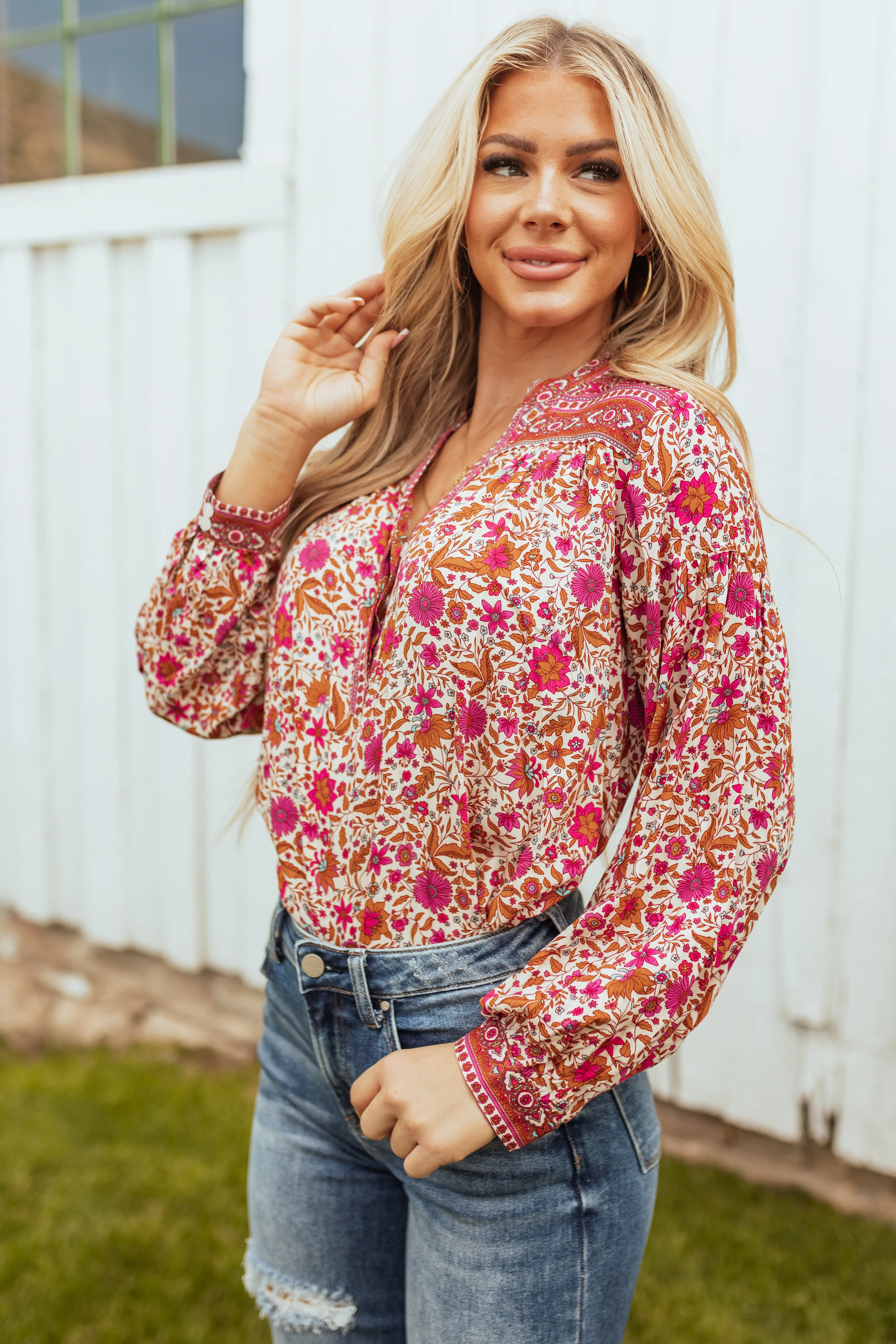 Raspberry Floral Print V Neck Long Sleeve Top - LD SALE