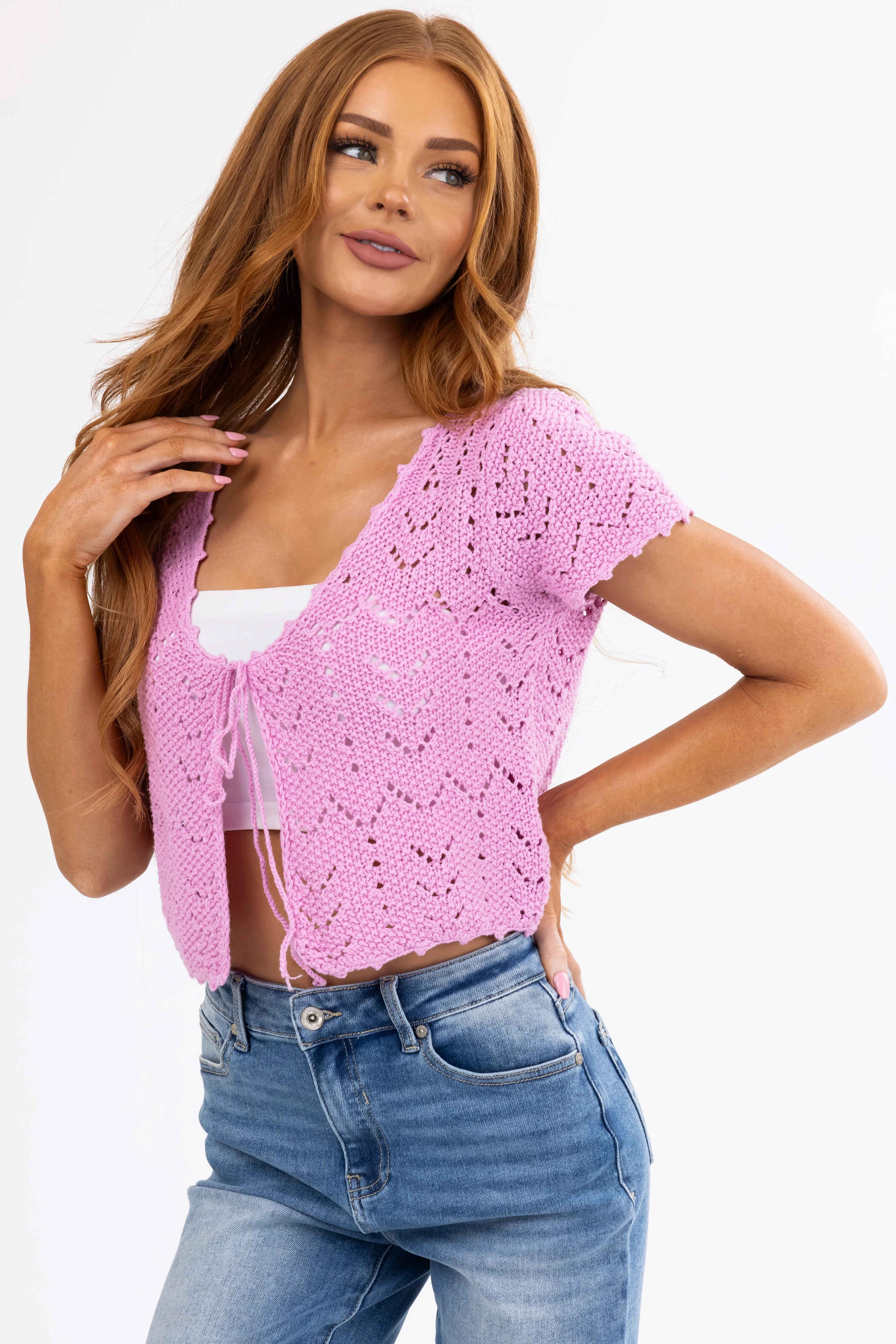 Carnation Crochet Knit Short Sleeve Cardigan - LD SALE