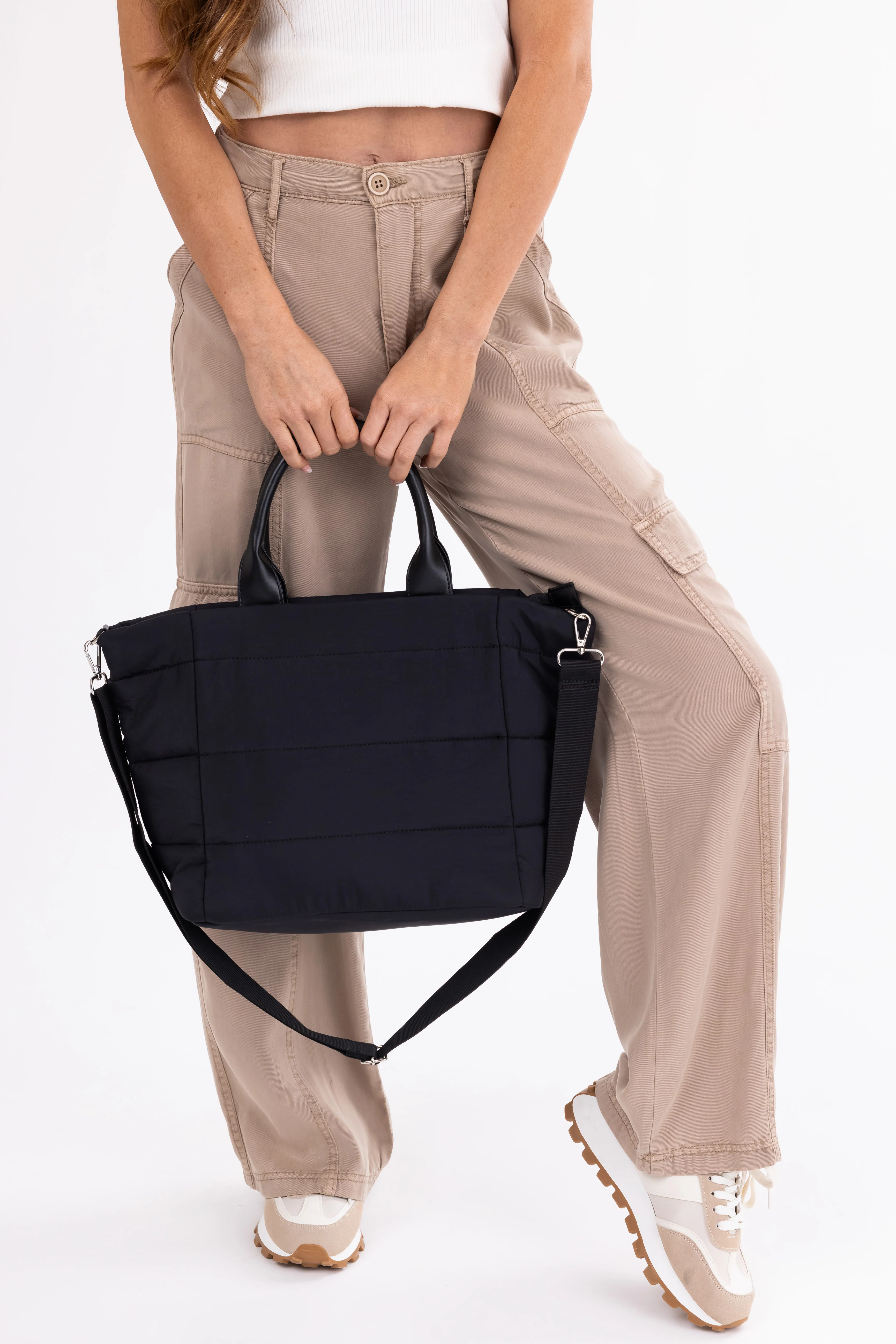 Black Faux Leather Handled Nylon Tote Bag - LD SALE