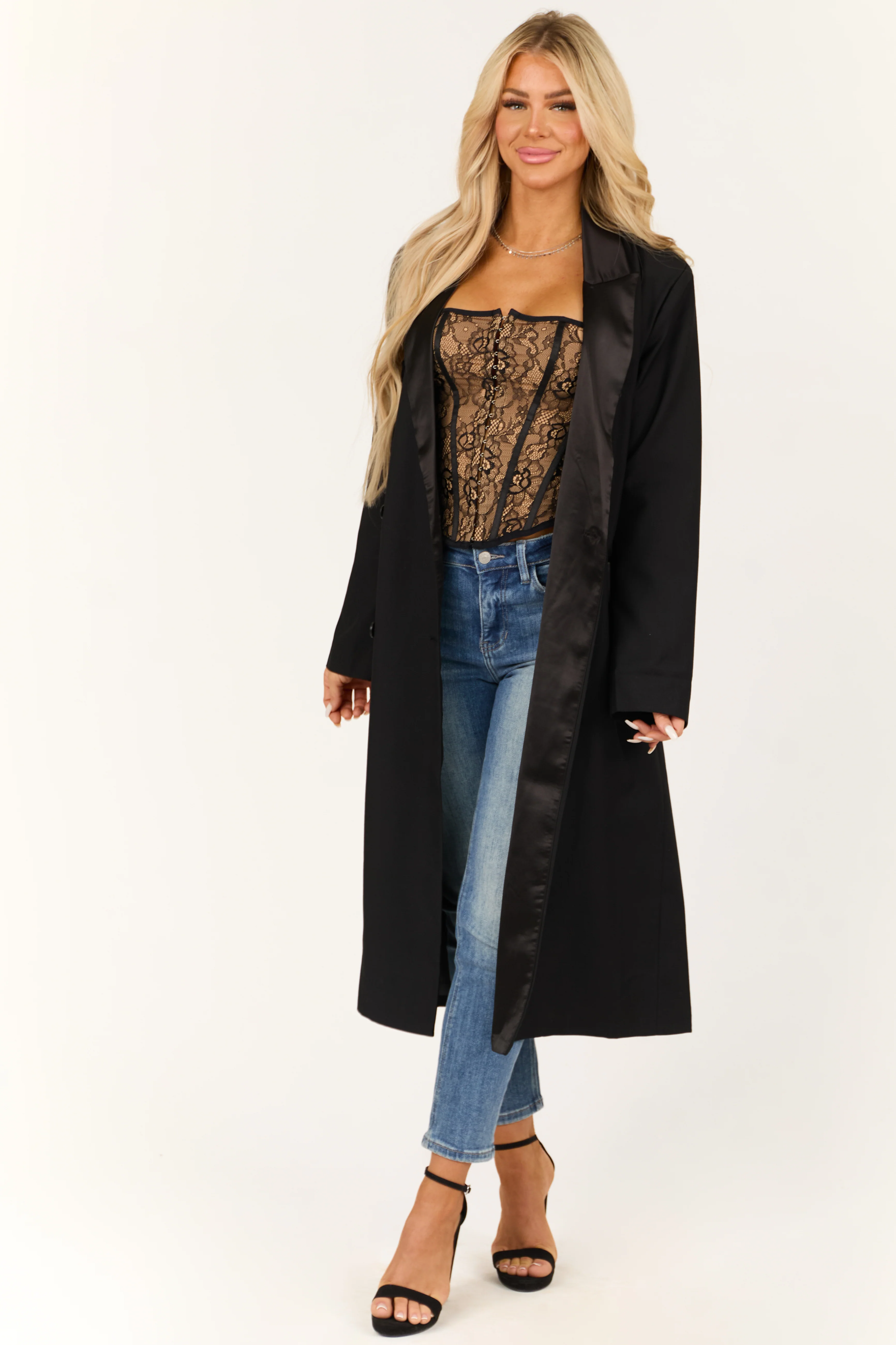 Black Double Button Satin Contrast Trench Coat - LD SALE