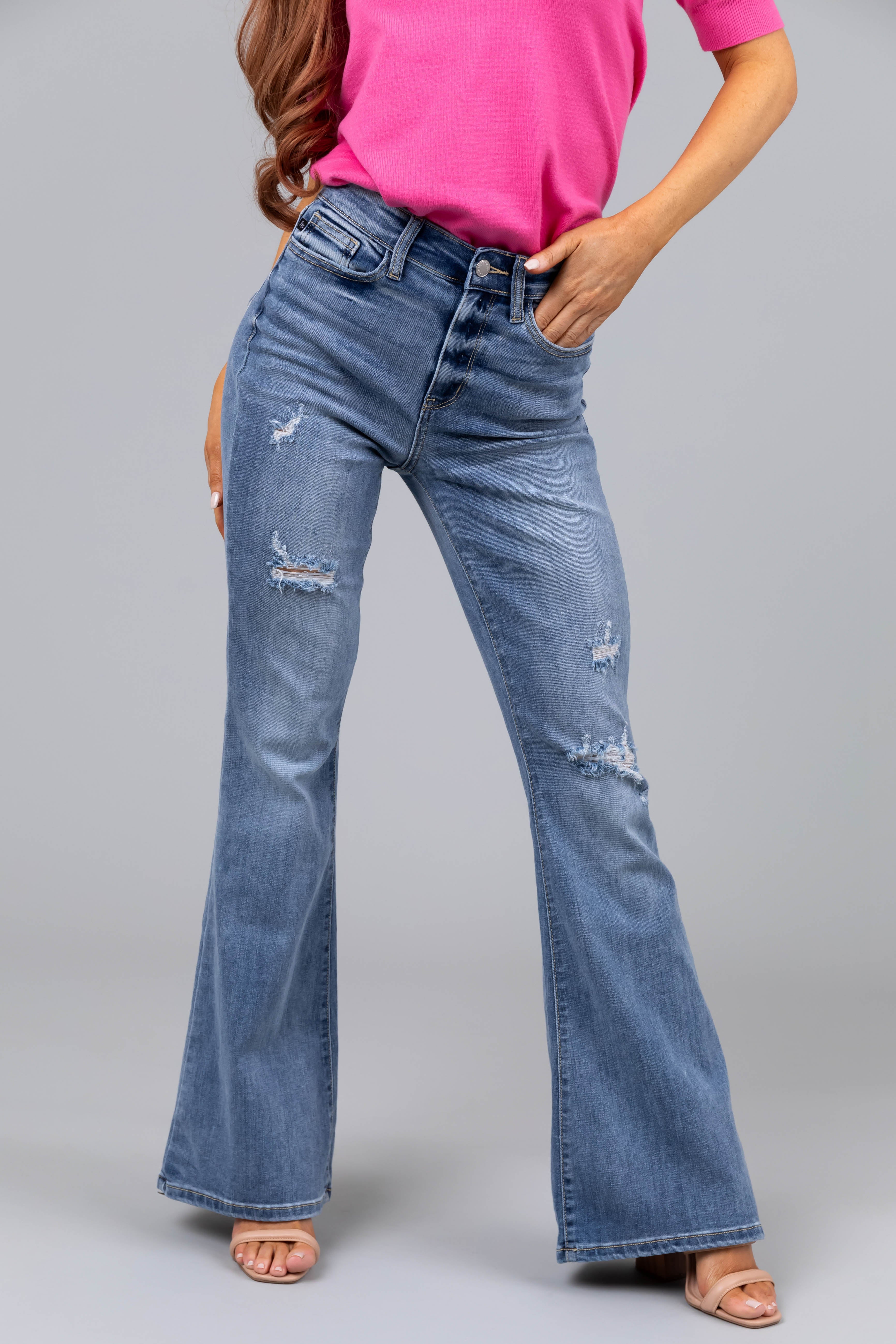 Judy Blue Light Wash Flare Leg Distressed Jeans - LD SALE