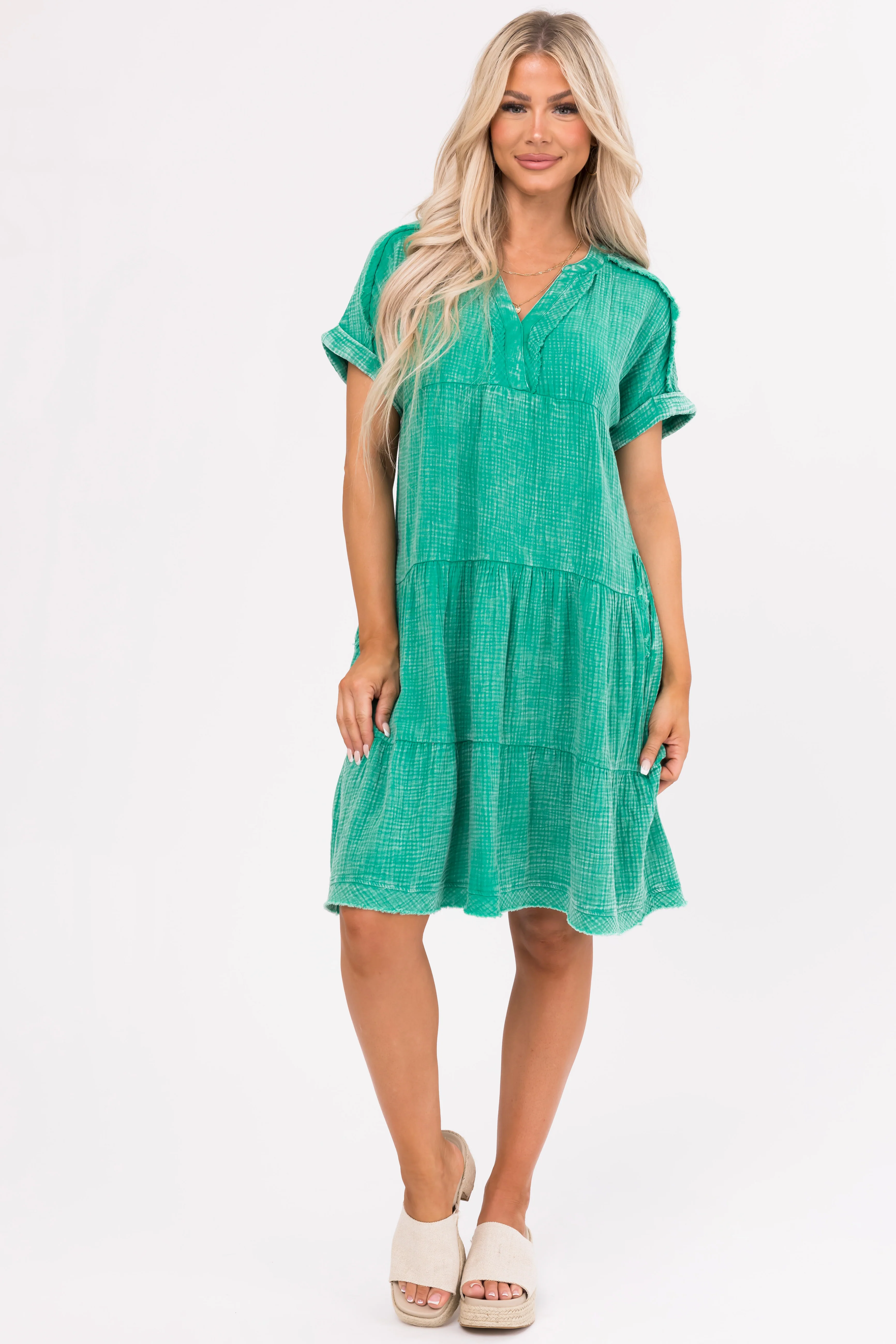 Kelly Green Washed Tiered V Neck Mini Dress - LD SALE