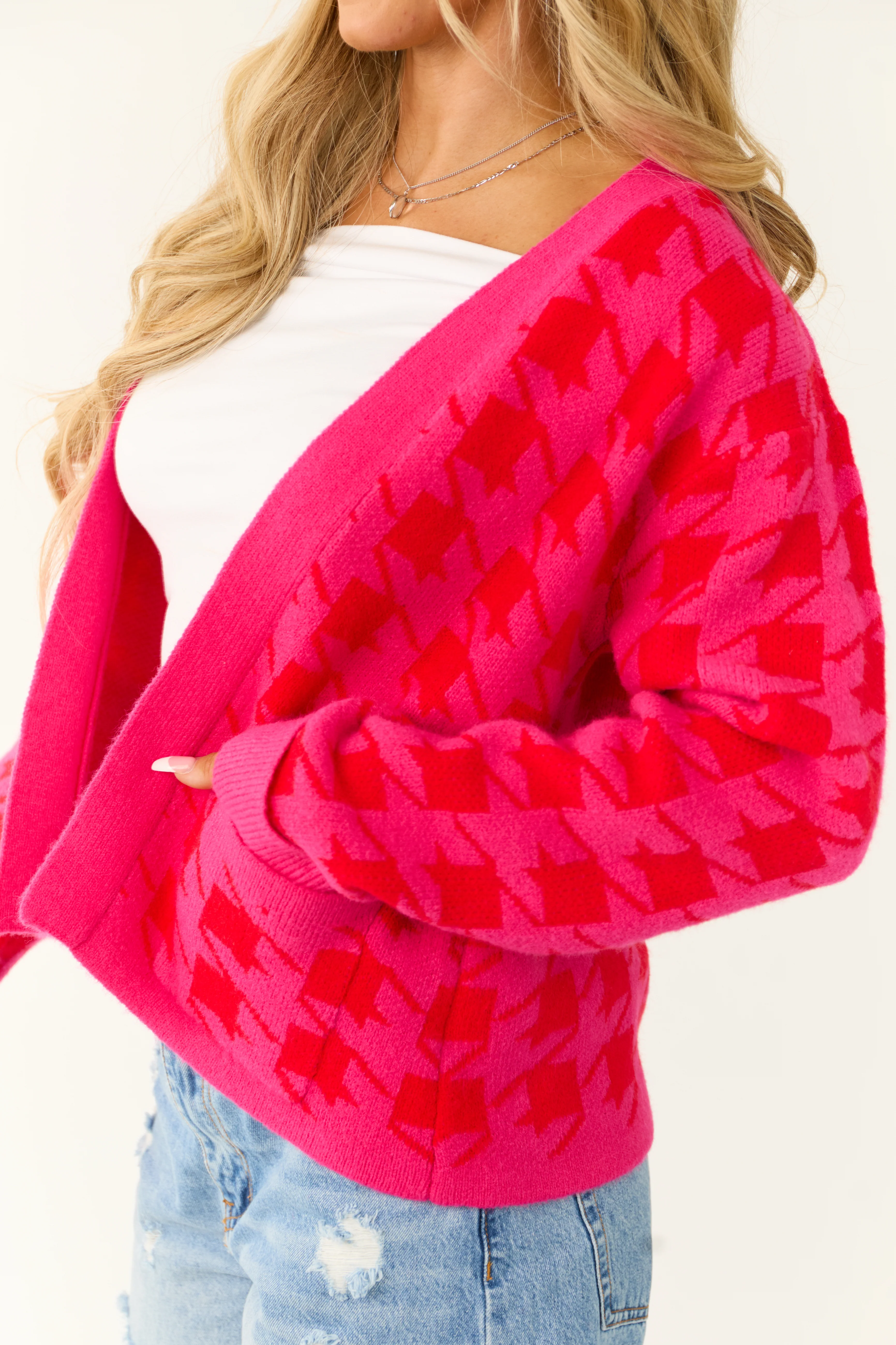 Fuchsia Houndstooth Long Sleeve Cardigan - LD SALE