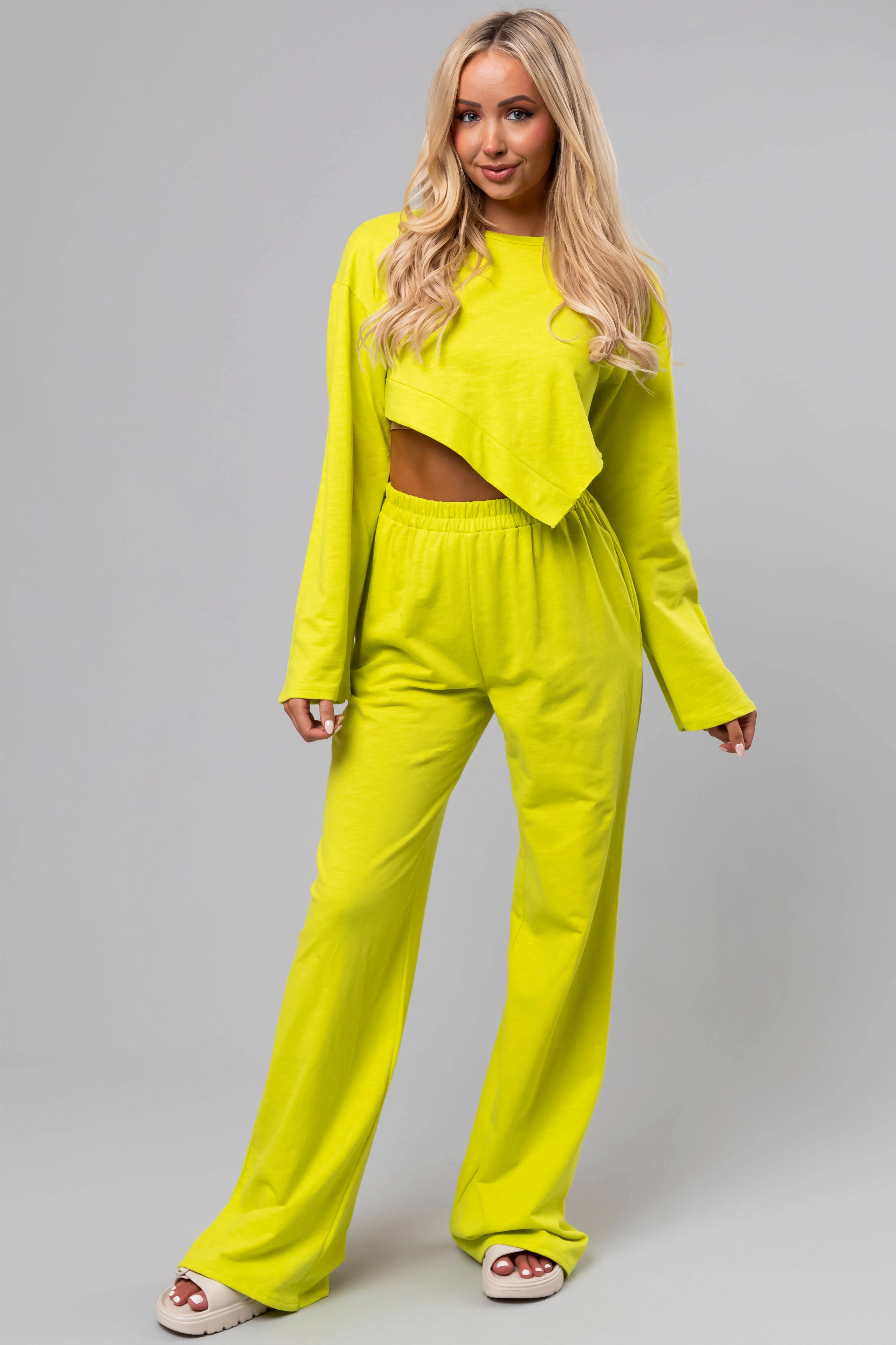 Lime Long Sleeve Top and Wide Leg Pants Set - LD SALE
