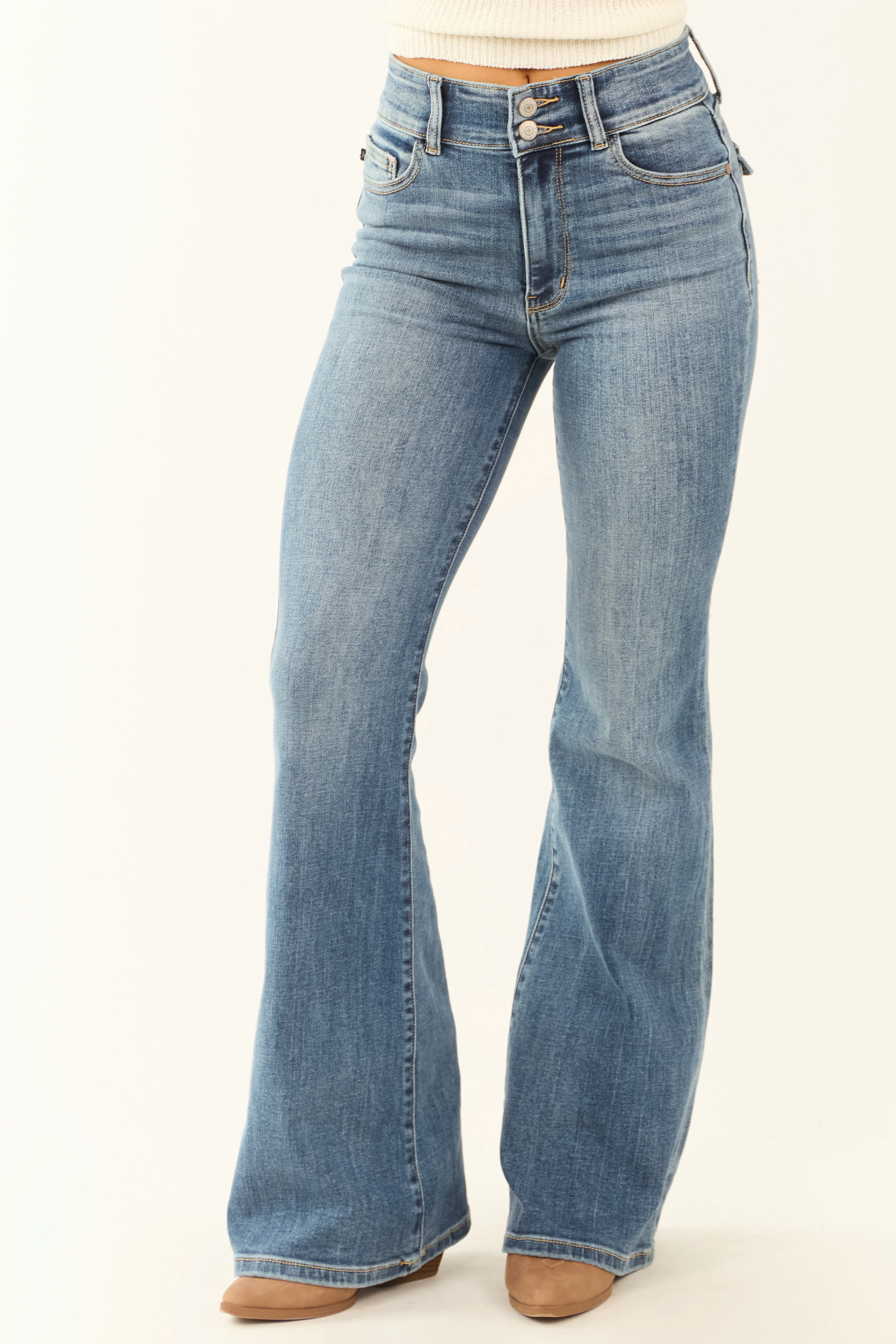 Judy Blue Medium Wash Double Button Flare Jeans - LD SALE