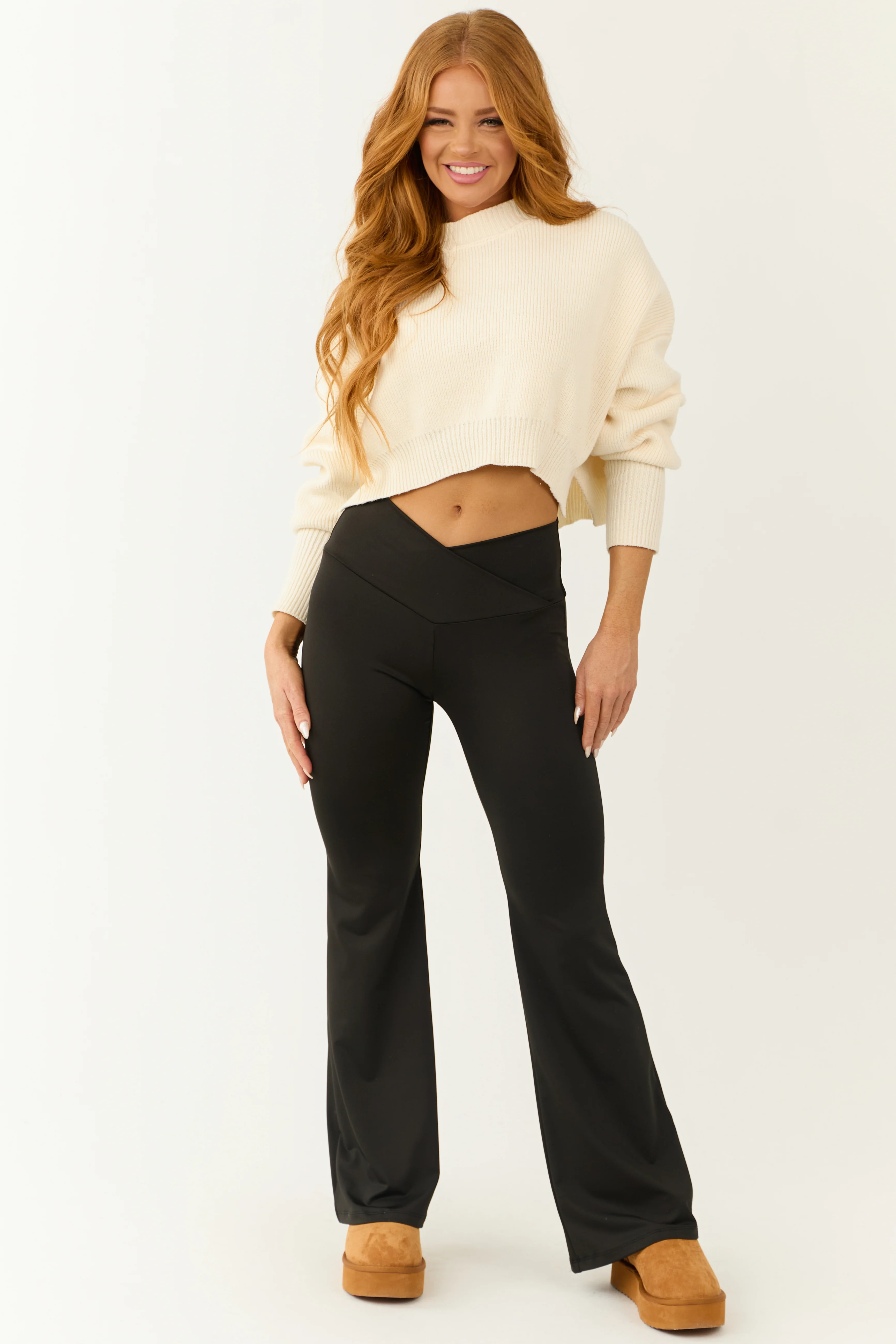 Black Flared Mid Rise Wrap Waist Leggings - LD SALE