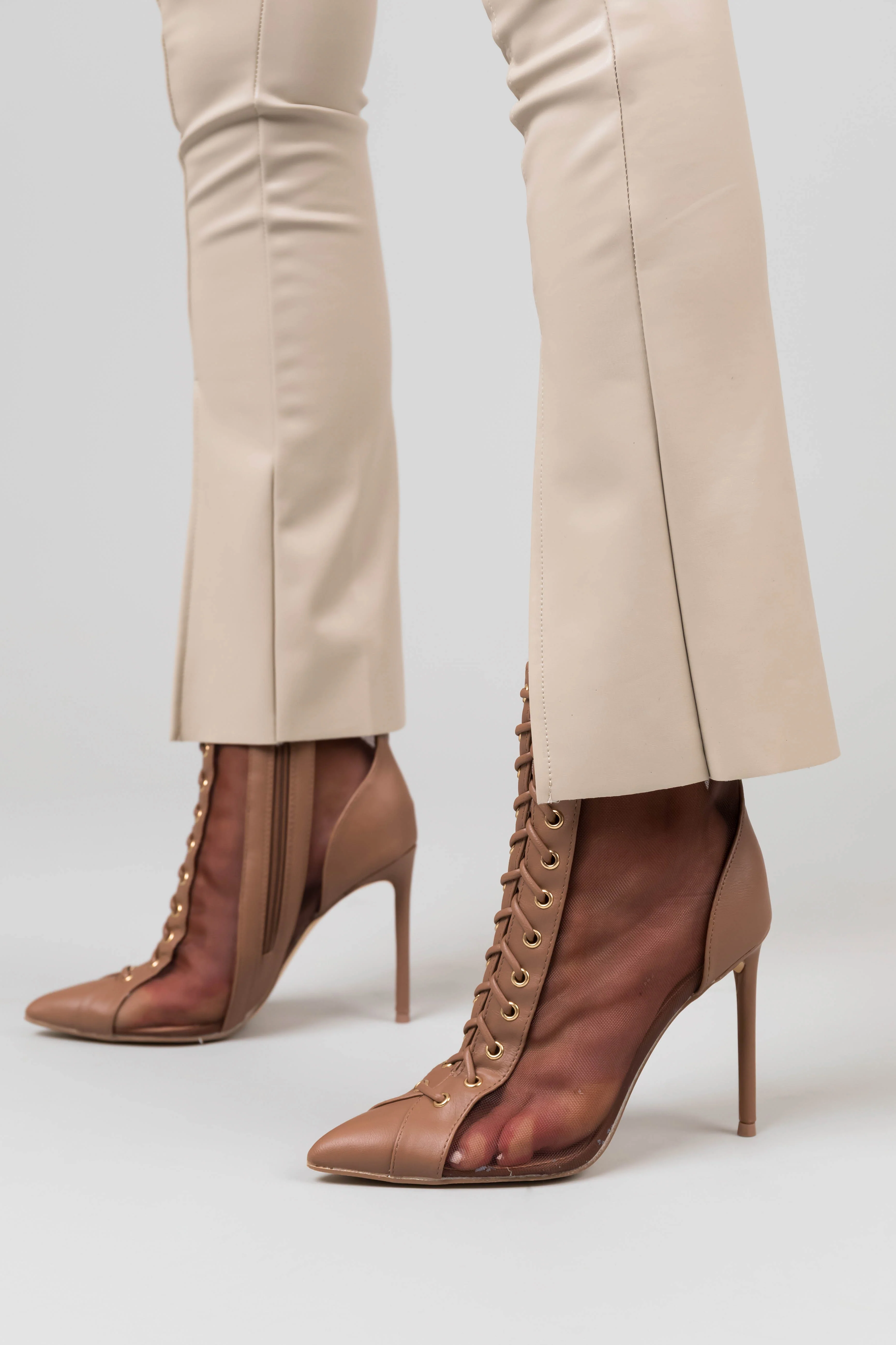 Mocha Sheer Mesh Lace Up Stiletto Booties - LD SALE