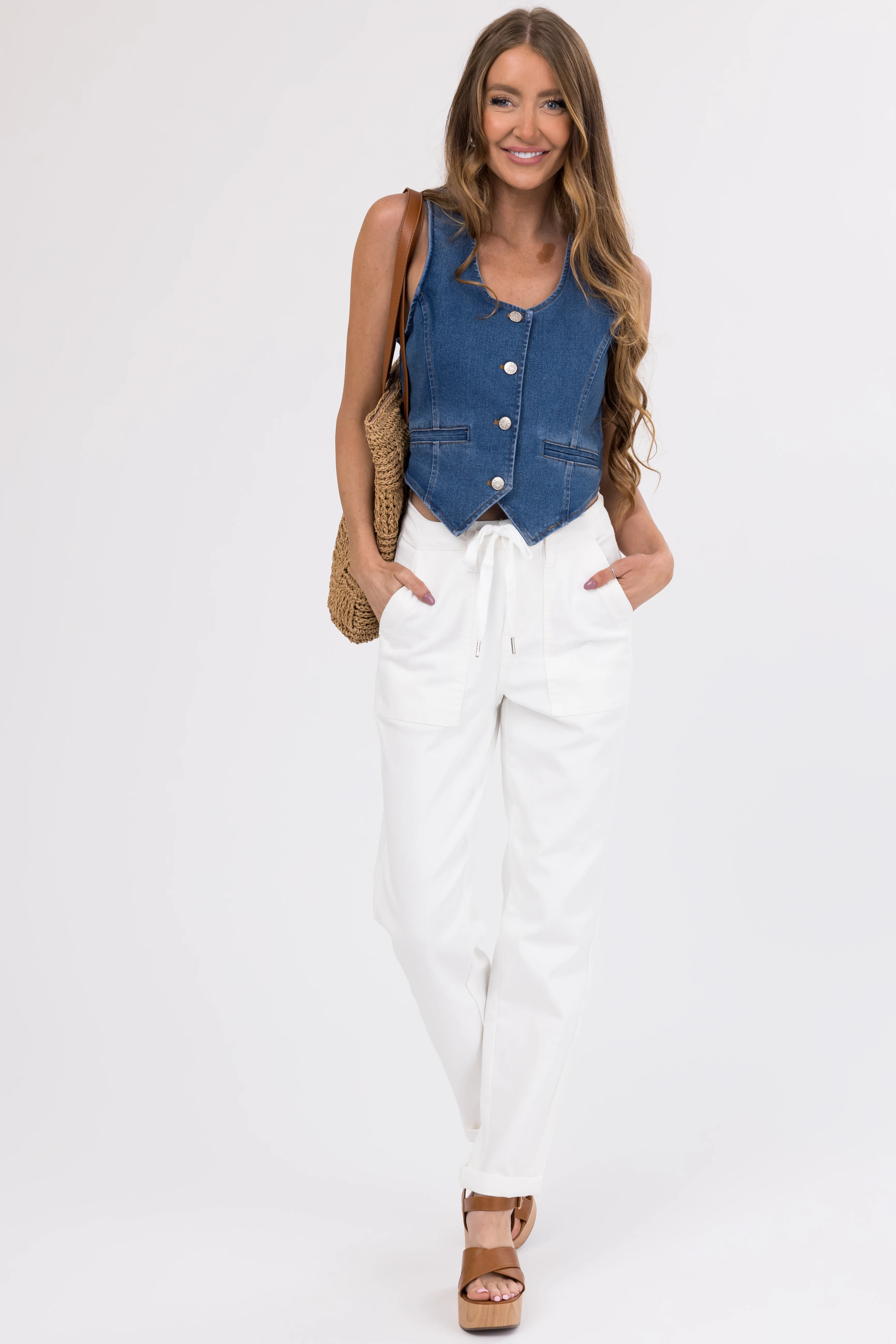 Judy Blue Ivory Drawstring High Waist Jeans - LD SALE