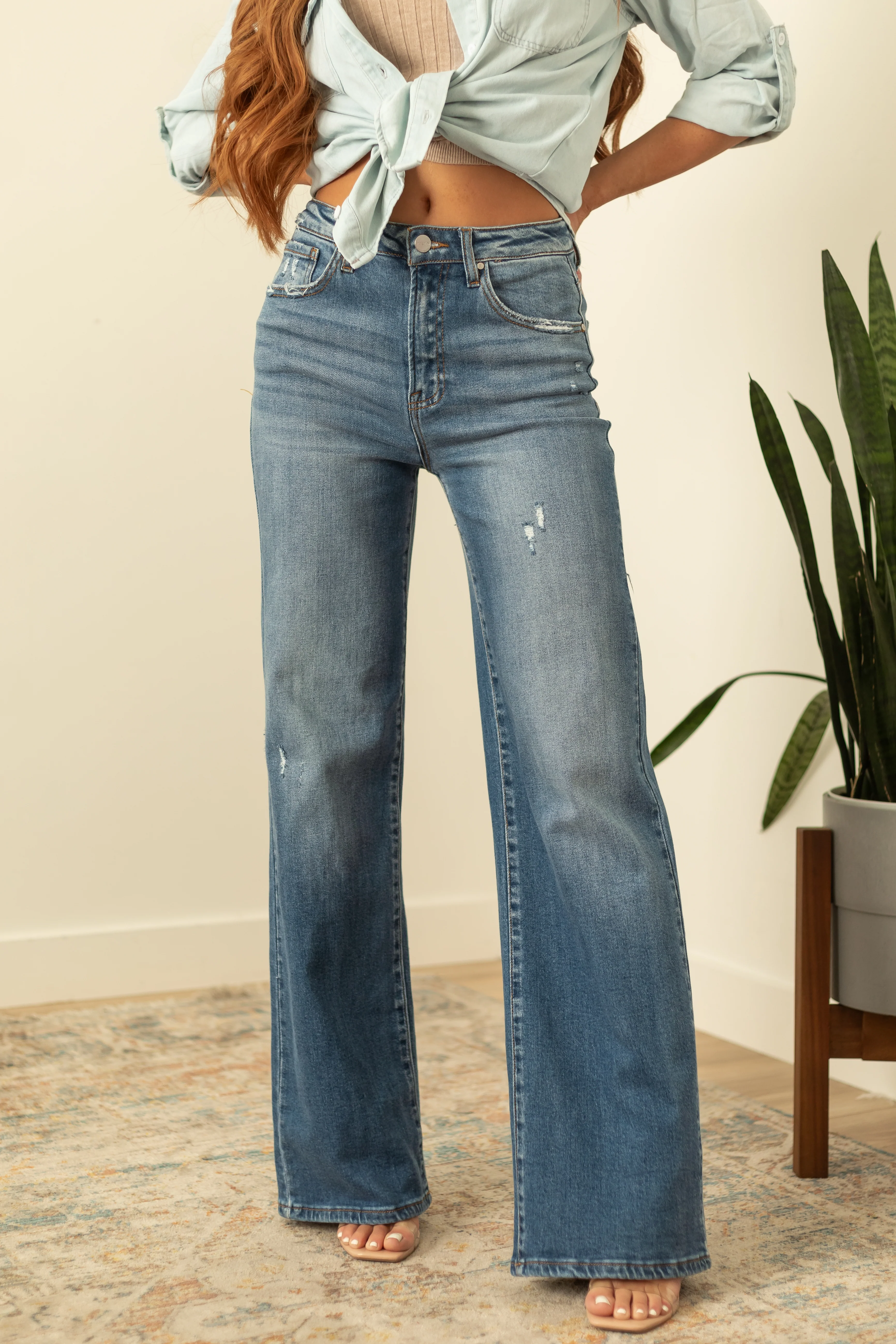 Risen Medium Wash Distressed Wide Leg Jeans - LD SALE