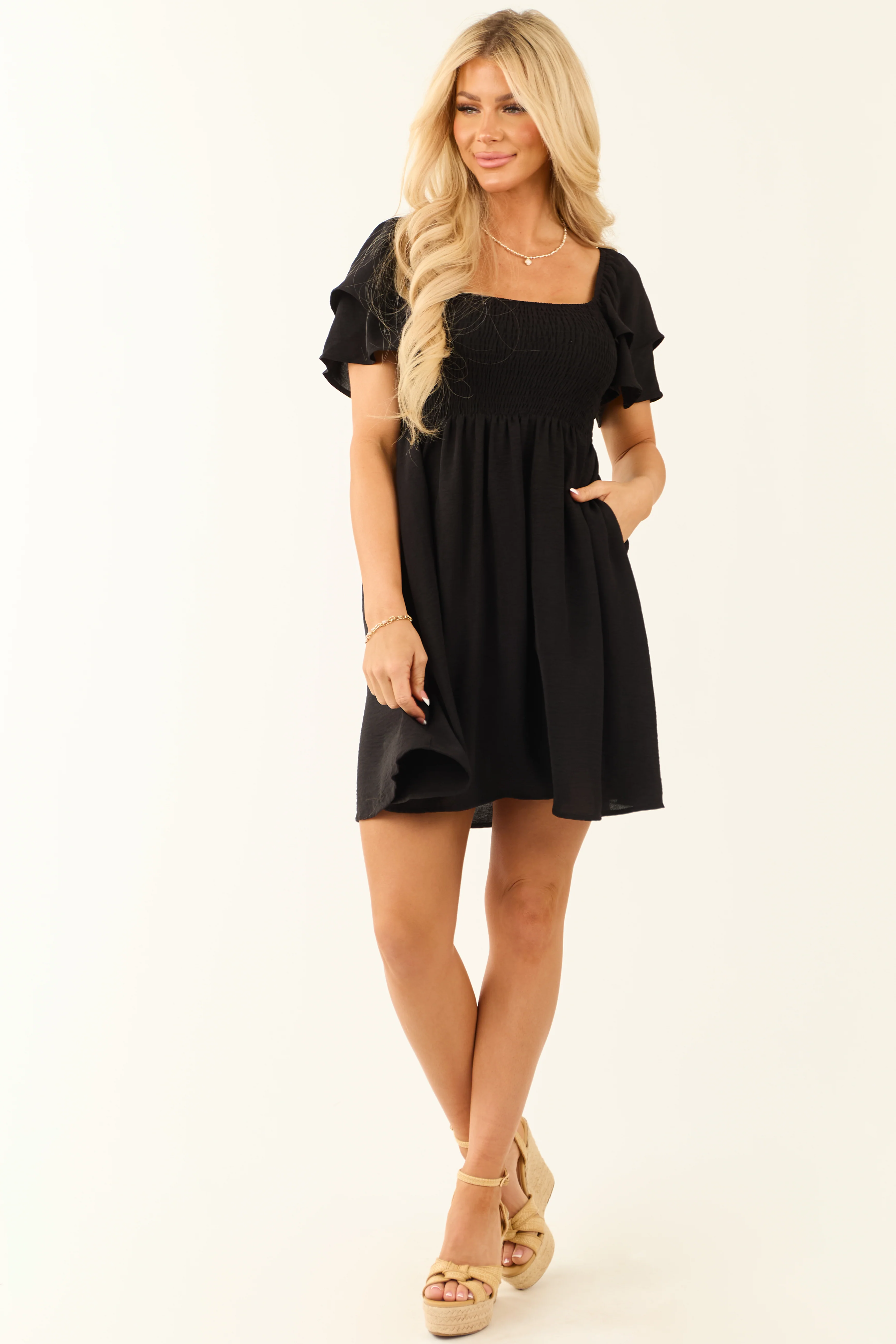 Black Short Ruffle Sleeve Smocked Mini Dress - LD SALE