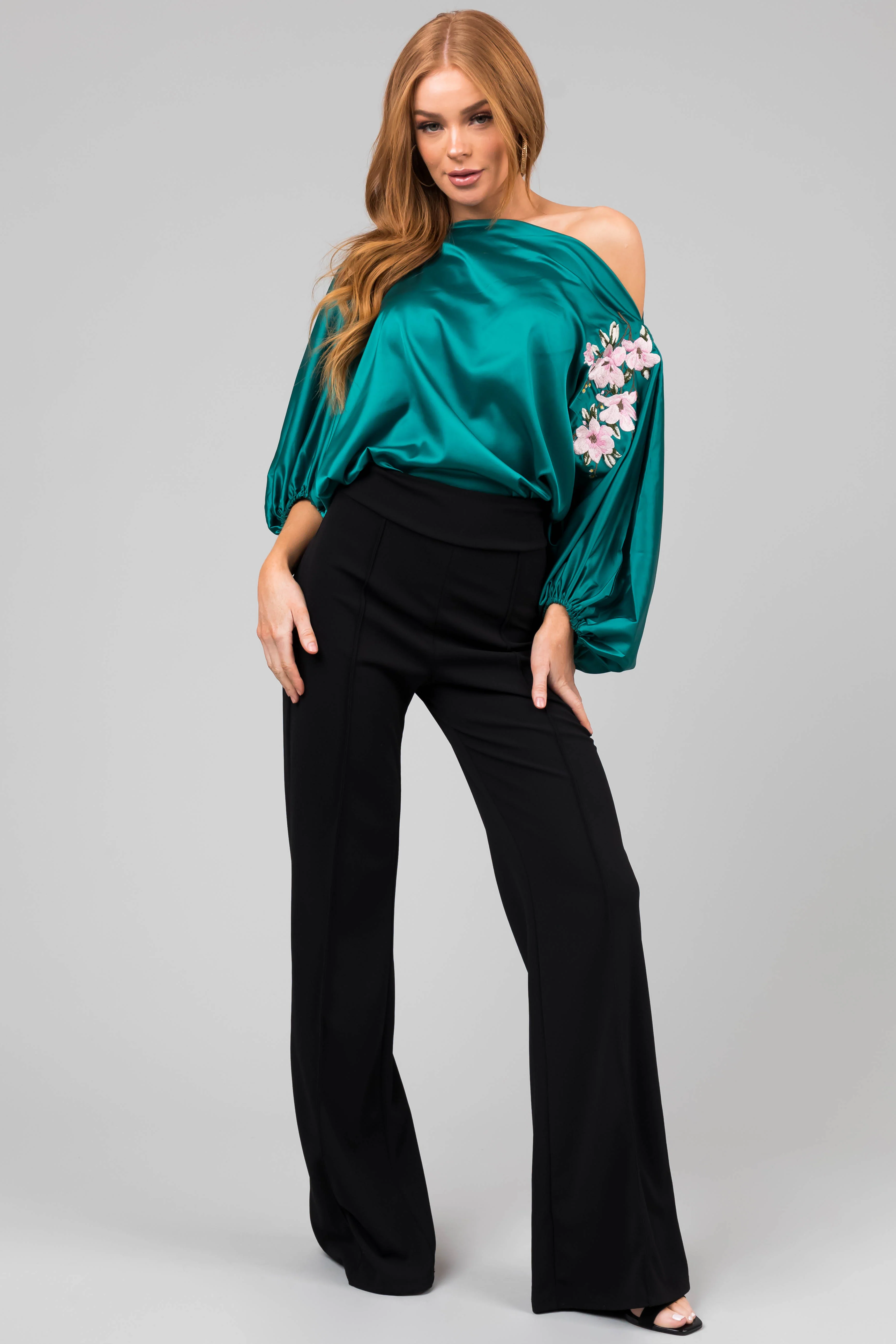 Jungle Green Floral Embroidery Satin Blouse - LD SALE