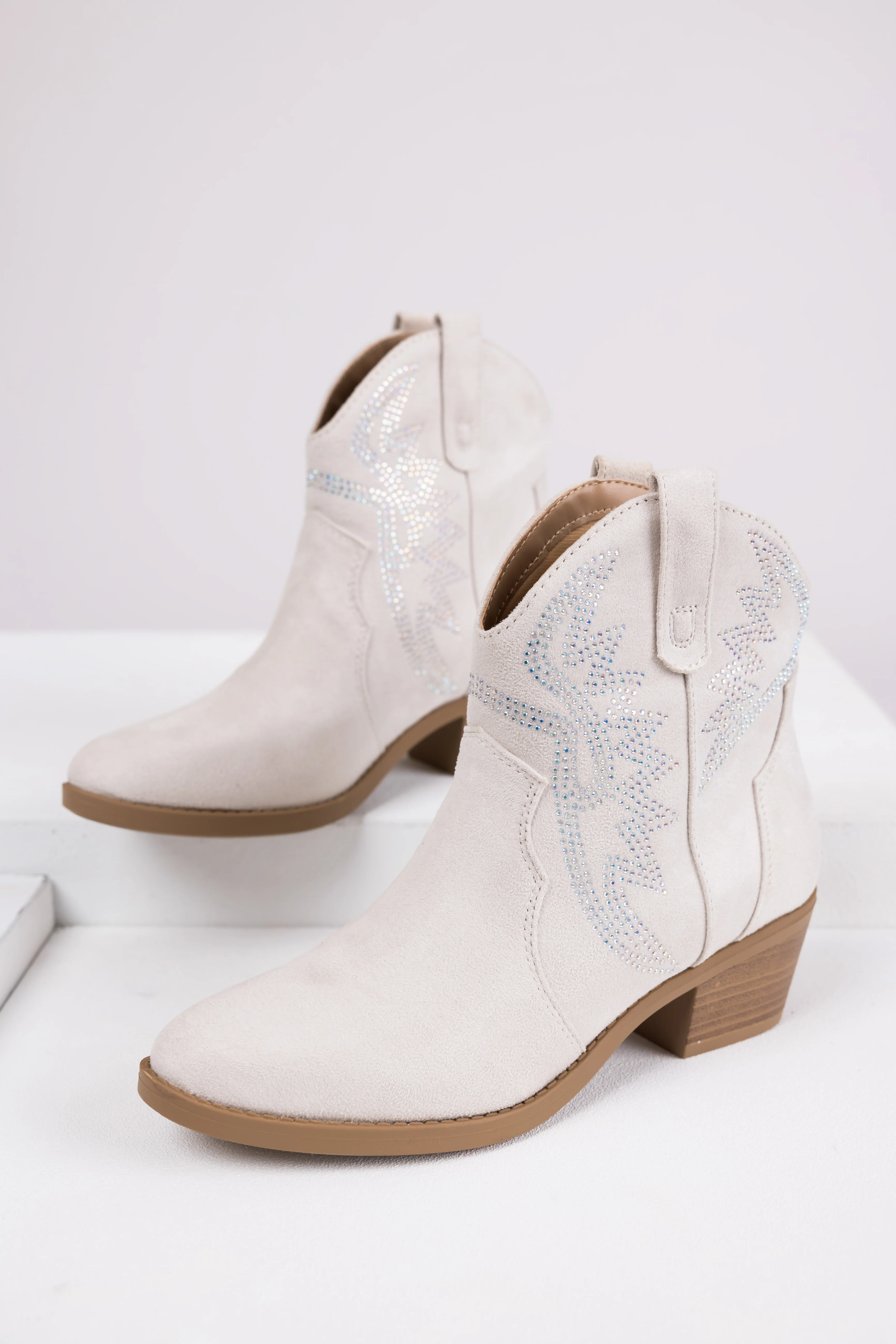 Coconut Rhinestone Detail Western Booties - LD SALE