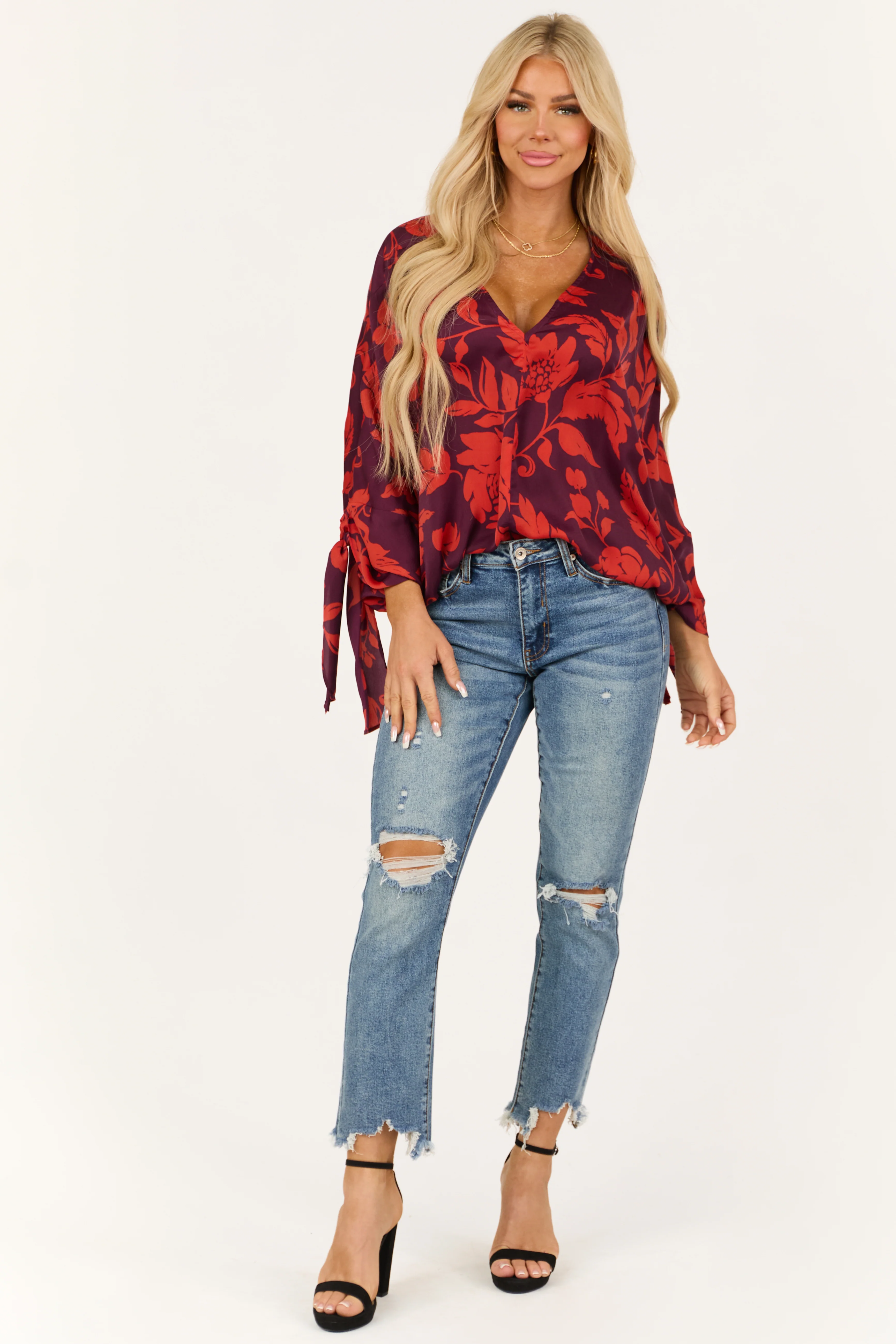 Eggplant and Scarlet Floral Dolman Sleeve Satin Top - LD SALE