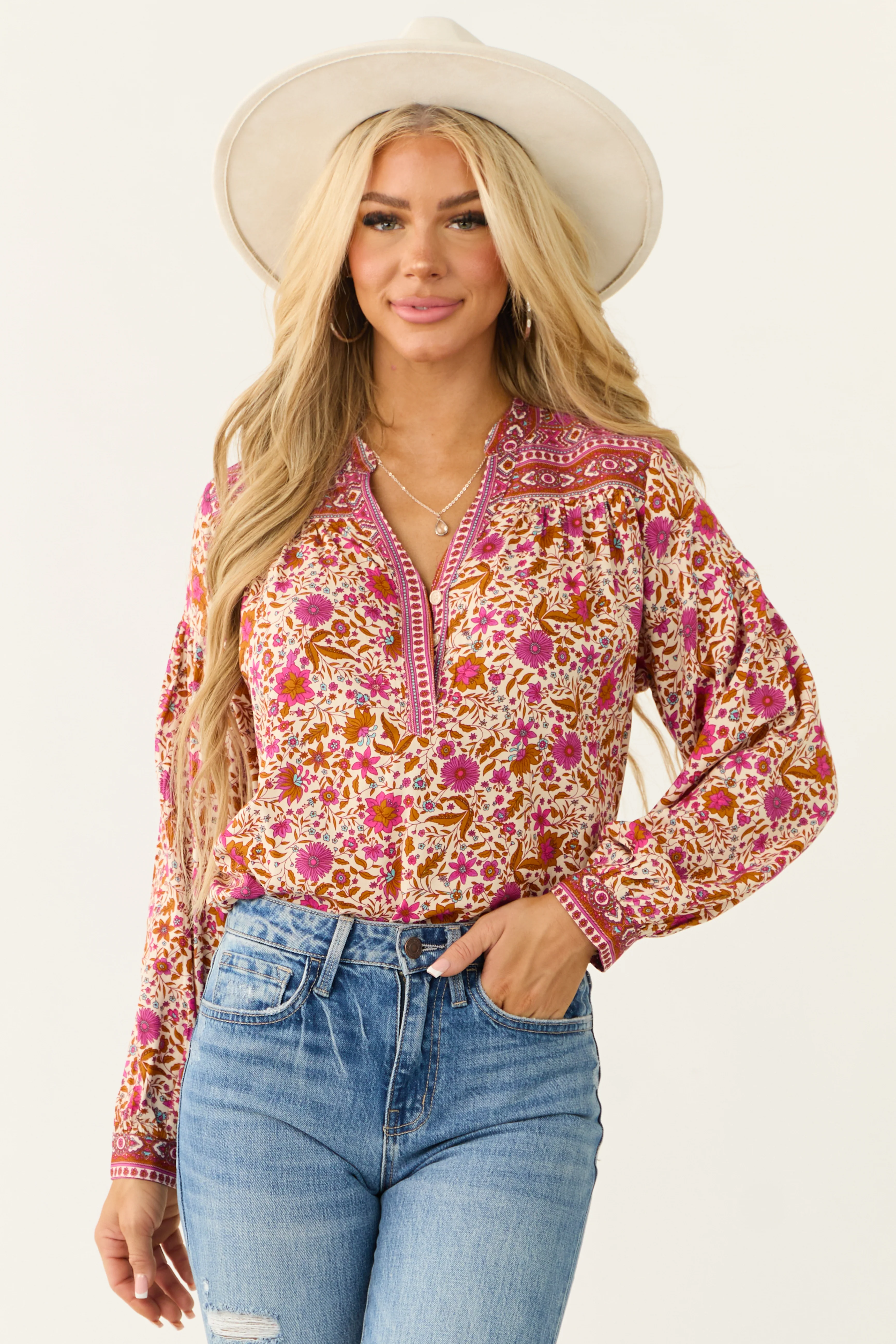 Raspberry Floral Print V Neck Long Sleeve Top - LD SALE