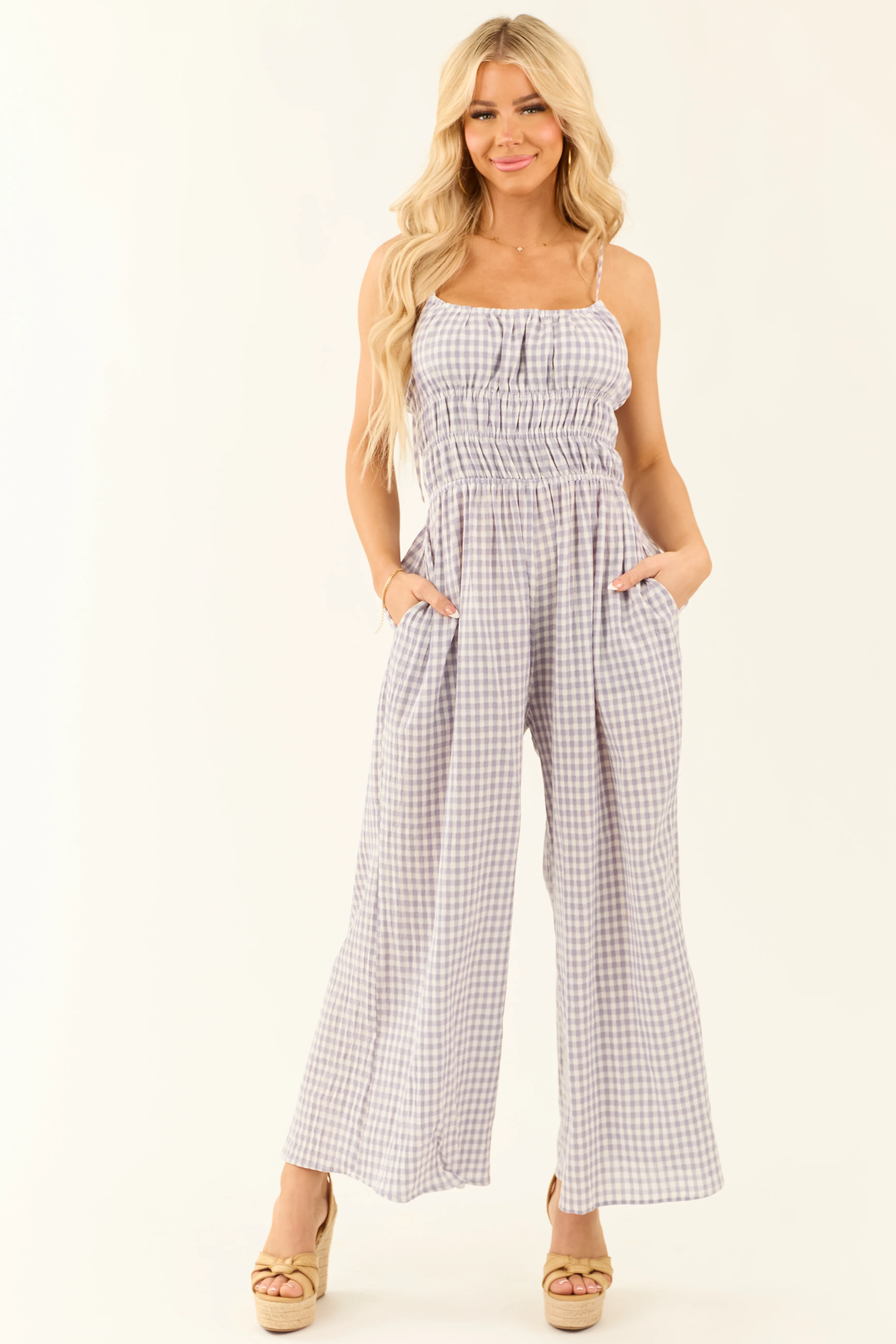 Slate Blue Gingham Ribbon Tie Sleeveless Jumpsuit - LD SALE