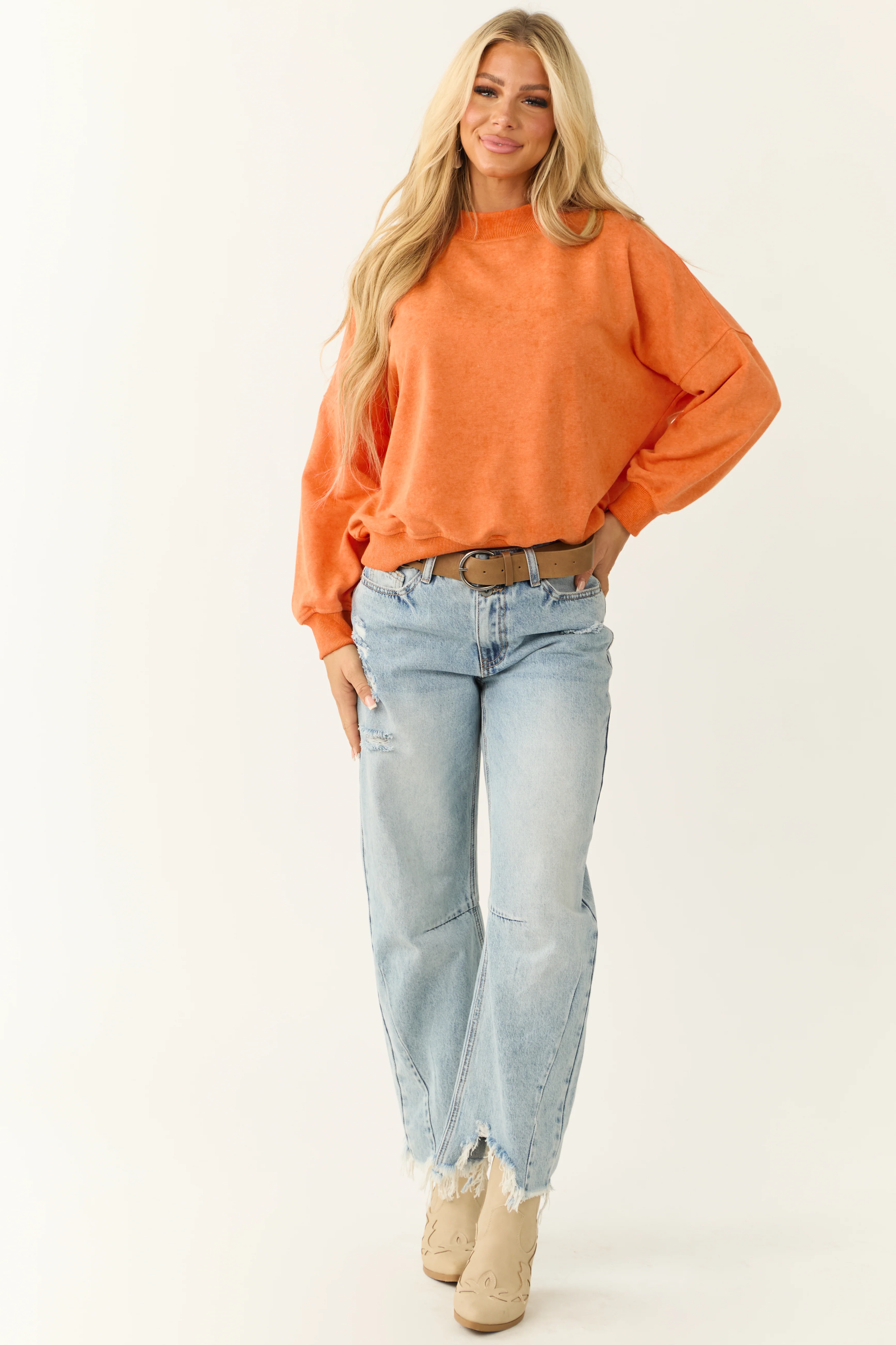 Pumpkin Washed Drop Shoulder Crew Neck Sweatshirt - LD SALE
