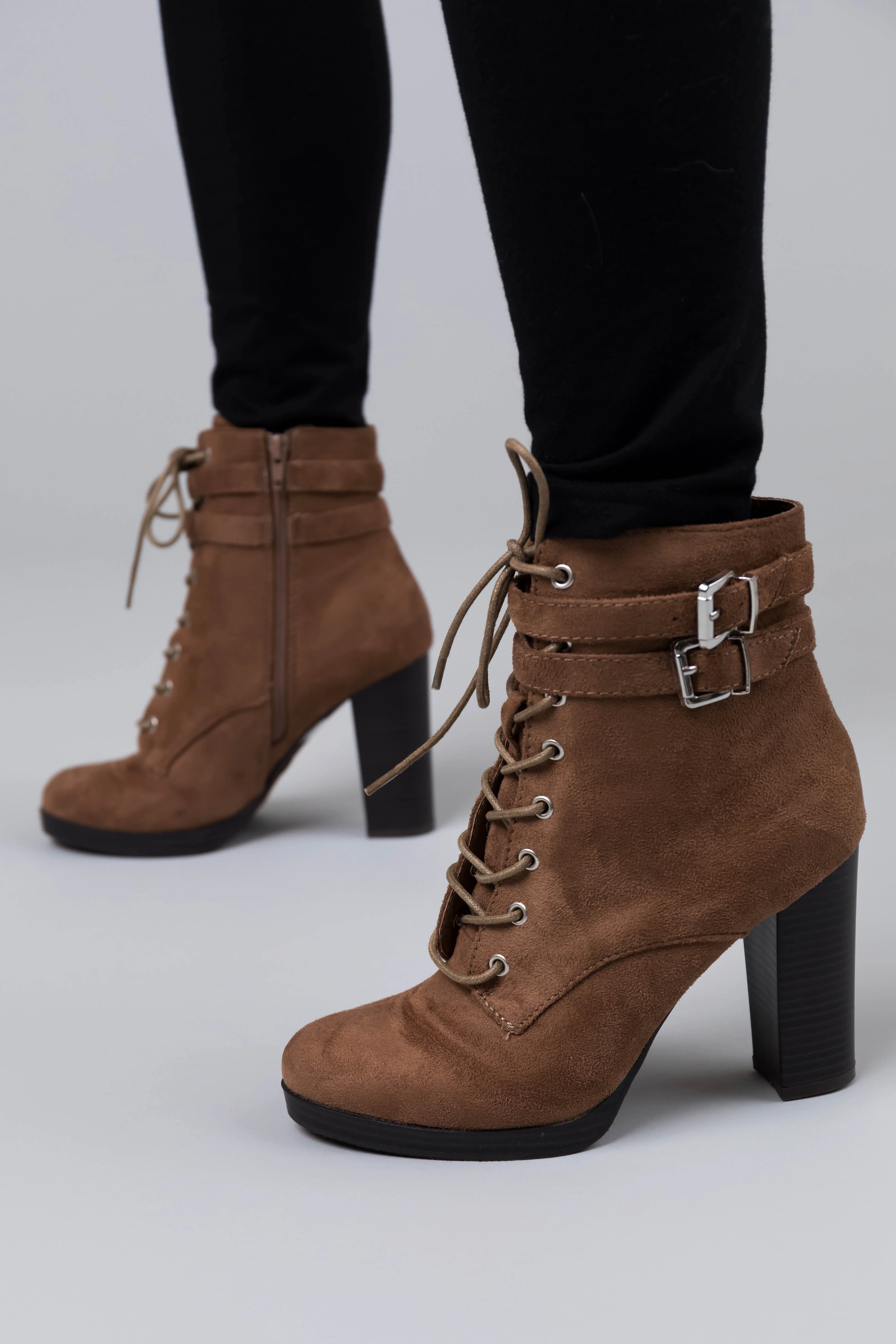 Milk Chocolate Faux Suede Lace Up High Heel Booties - LD SALE
