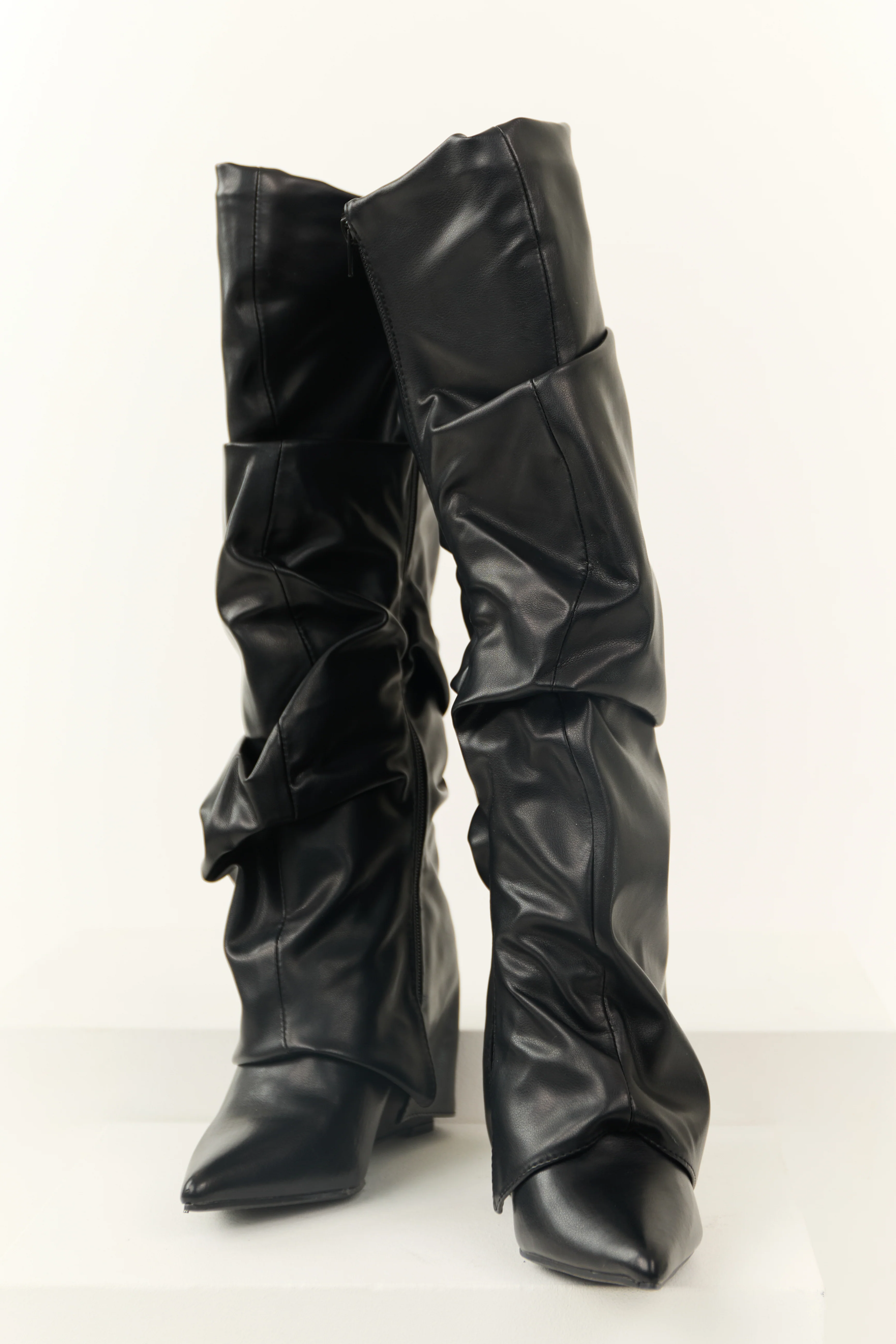 Black Faux Leather Slouchy Knee High Boots - LD SALE
