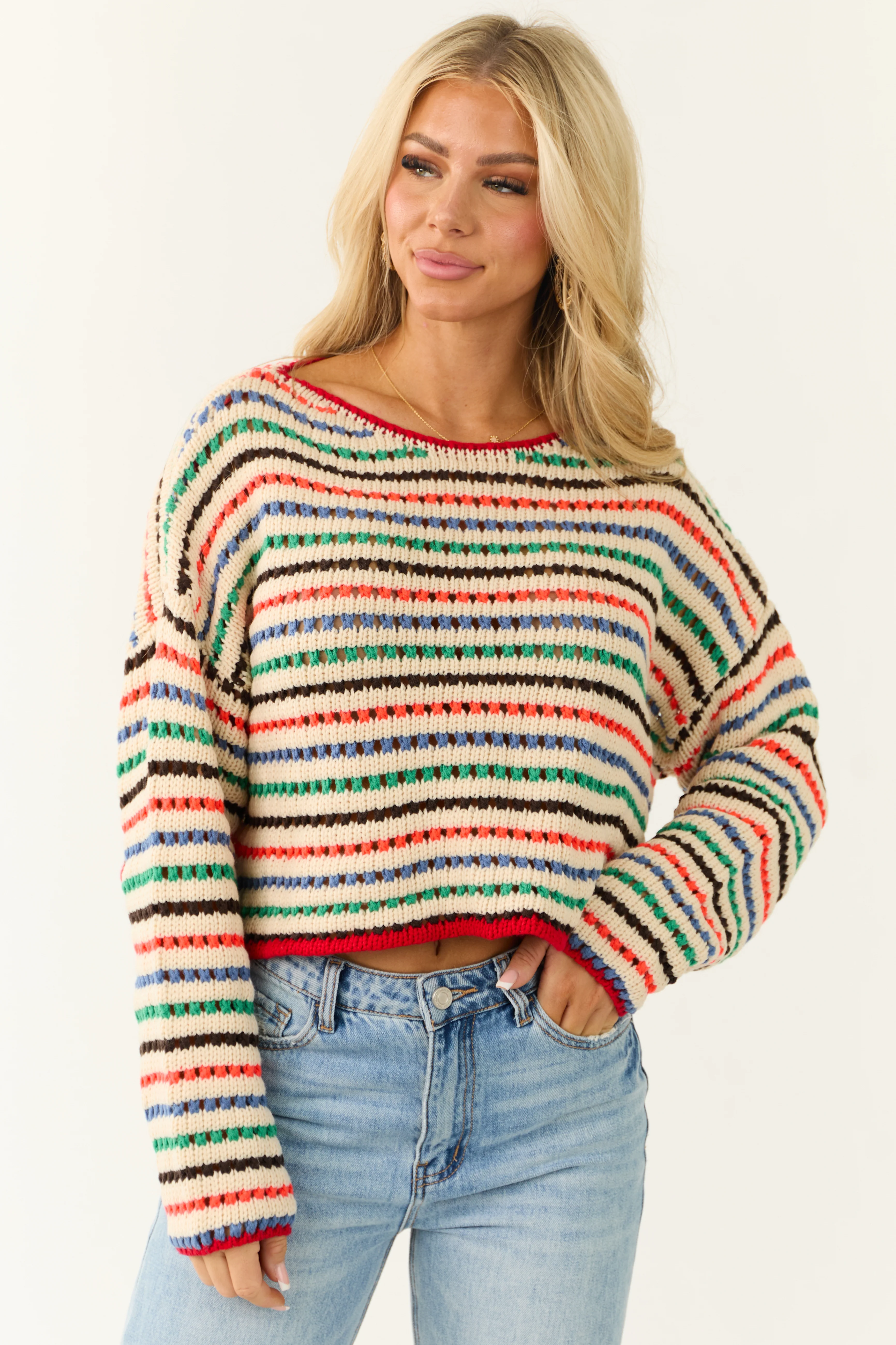 Cream Multicolor Striped Open Crochet Sweater - LD SALE