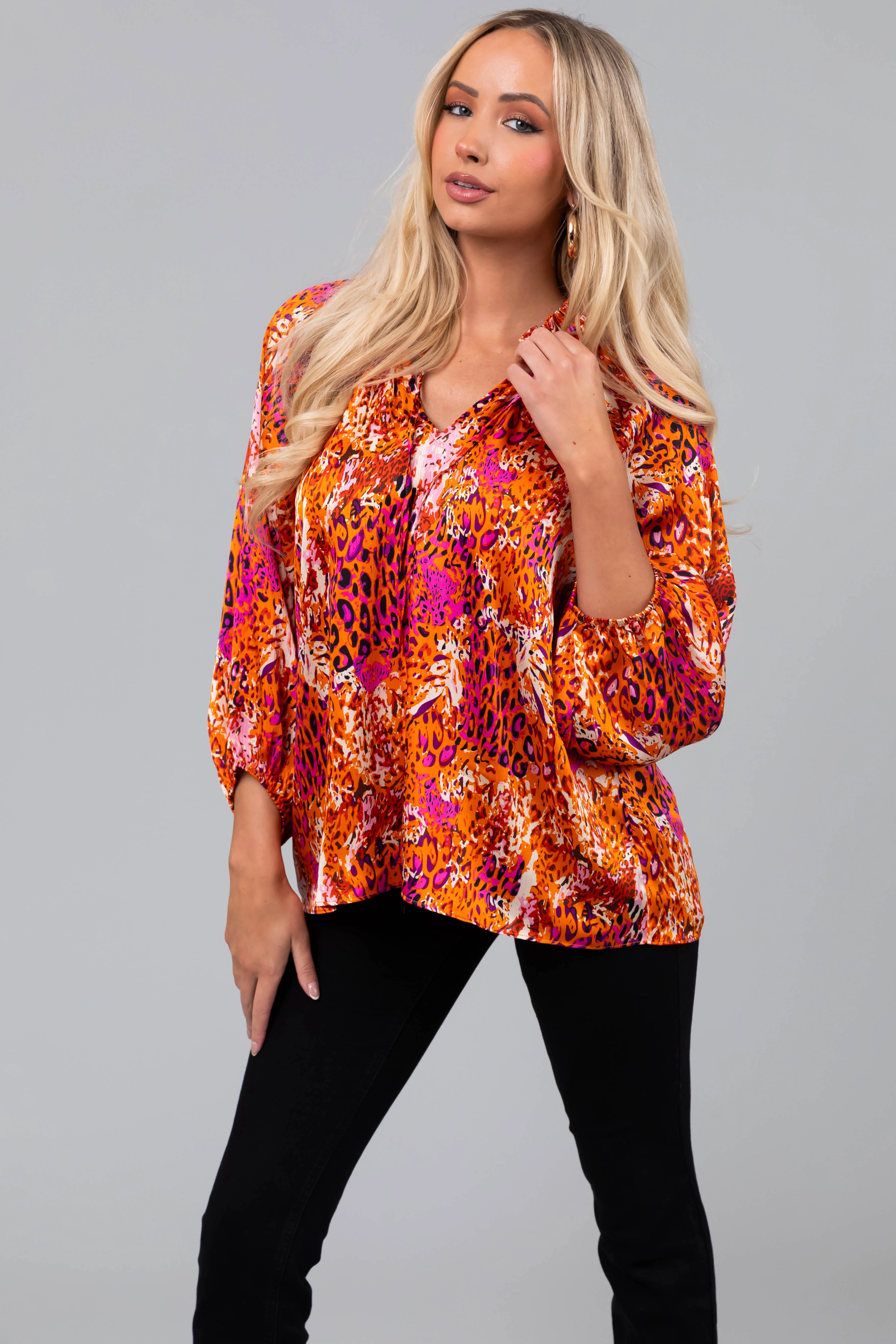 Tangerine Abstract Animal Print 3/4 Sleeve Top - LD SALE