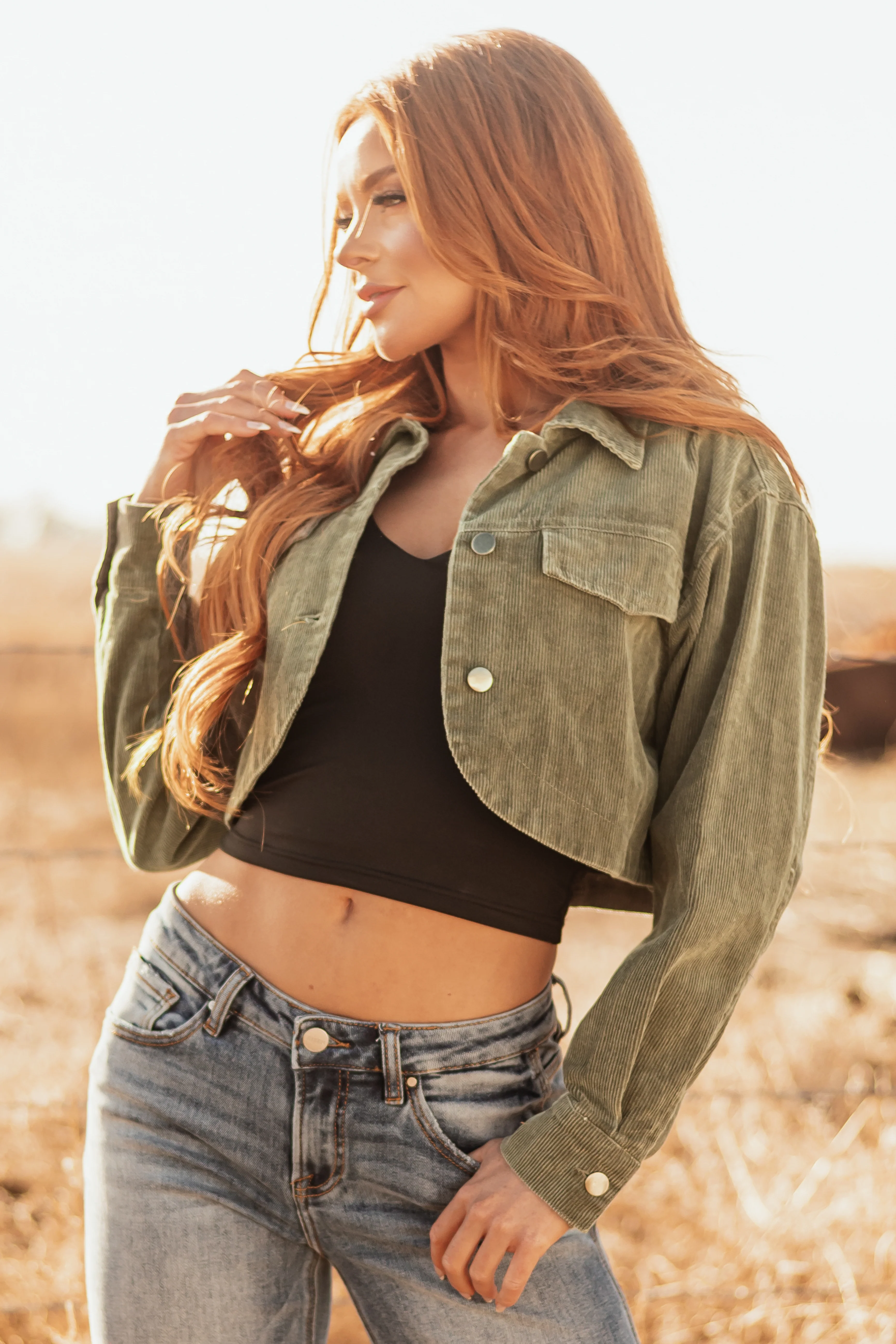 Olive Washed Corduroy Button Down Crop Jacket - LD SALE