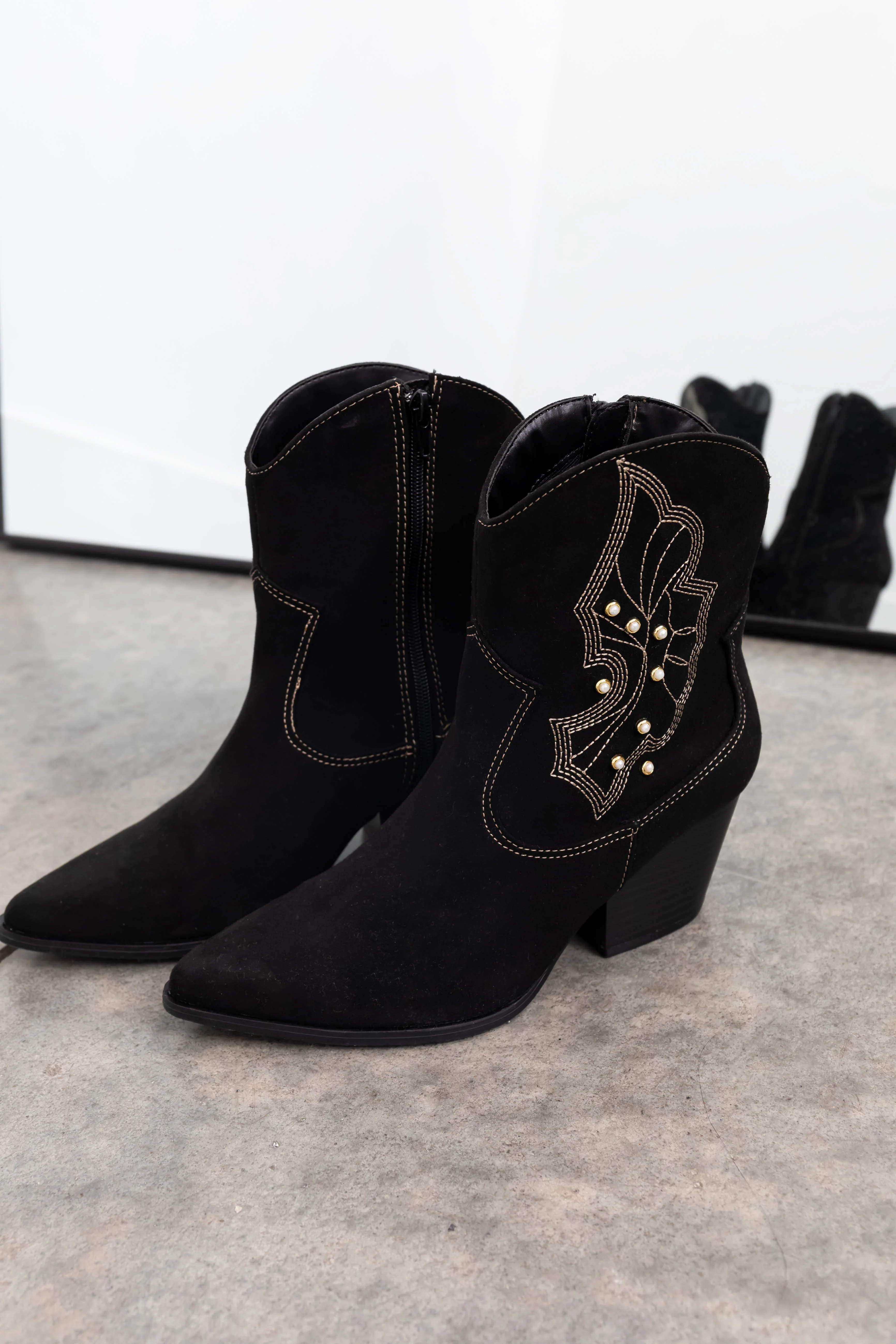 Black Suede Studded Western Style Booties - LD SALE